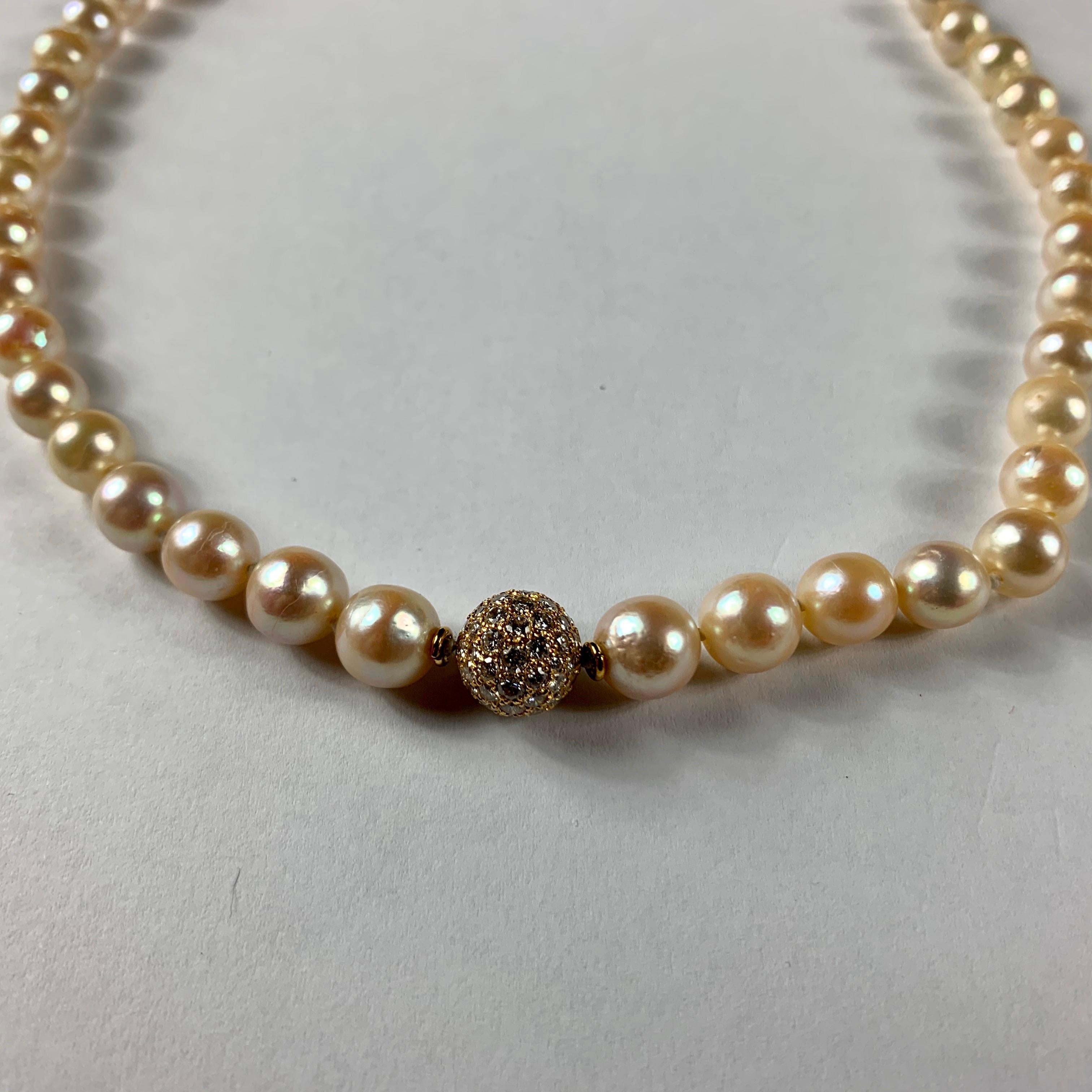Early Victorian Cultured Pearl Necklace With Diamond Pave Ball For Sale