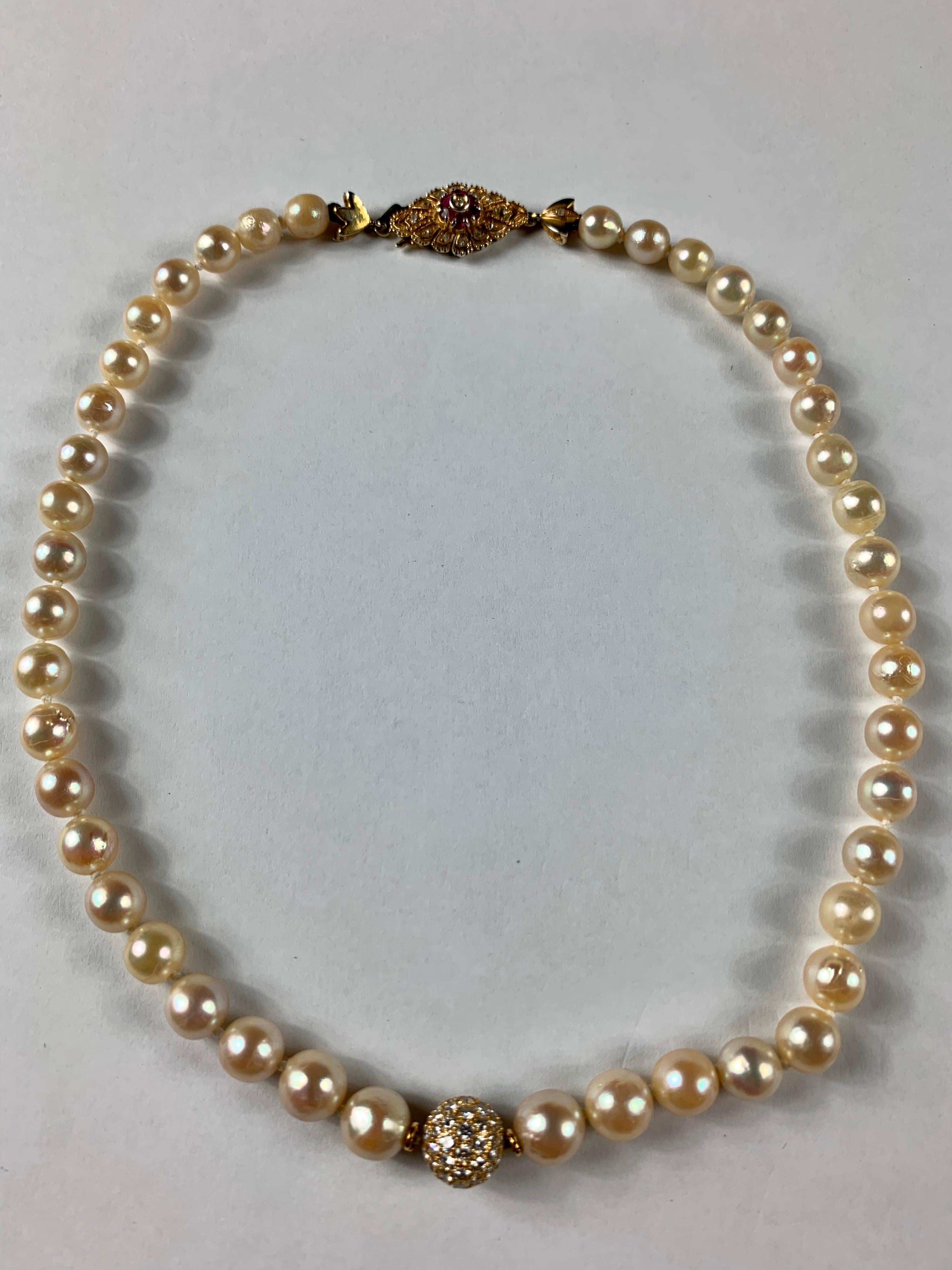 Cultured Pearl Necklace With Diamond Pave Ball For Sale 2
