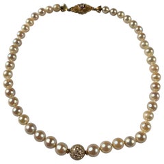 Vintage Cultured Pearl Necklace With Diamond Pave Ball