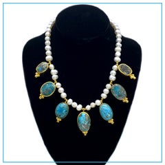 Cultured Pearl Necklace with Gilt Seven Turquoise Pendants