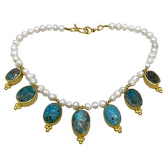 Cultured Pearl Necklace with Gilt Seven Turquoise Pendants