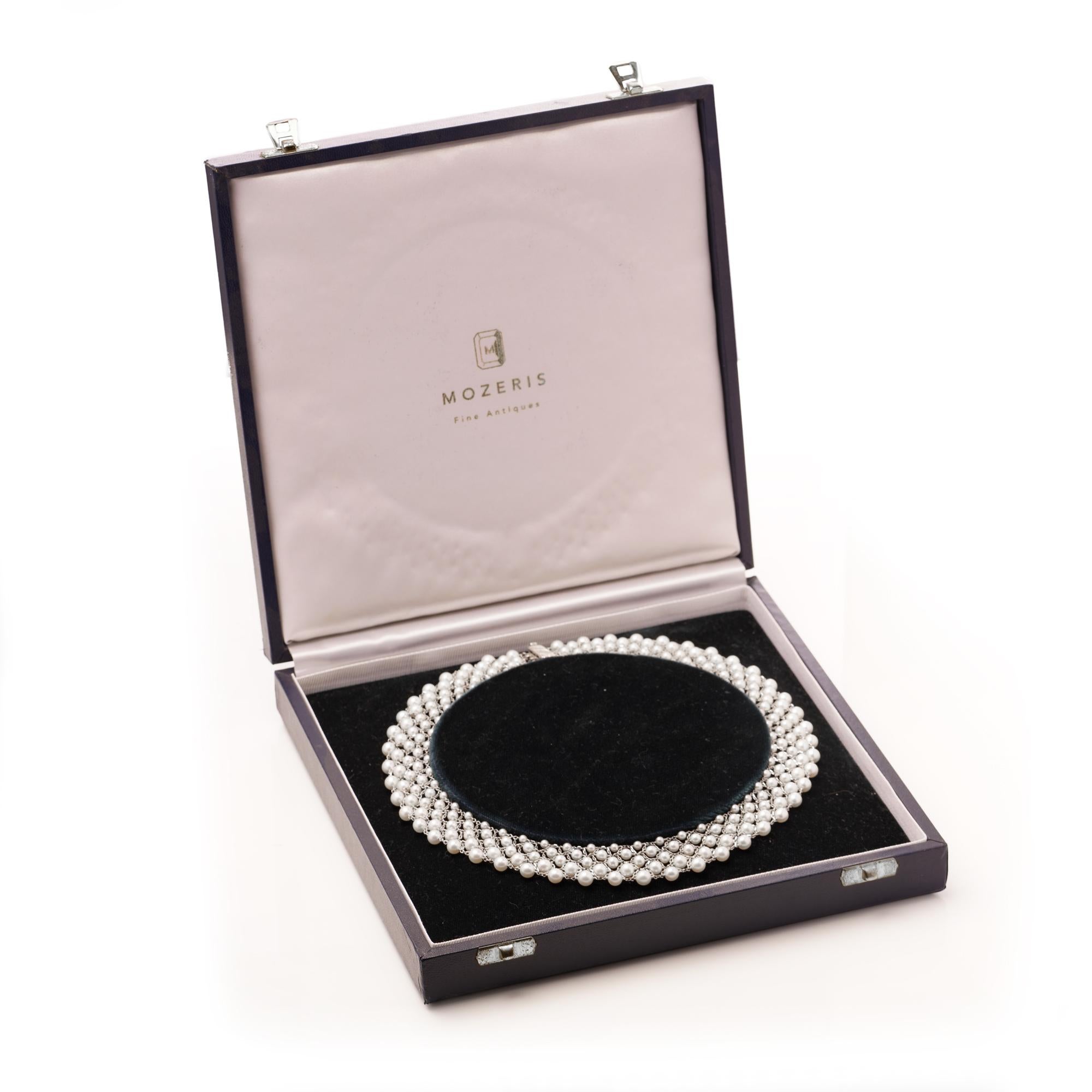 Round Cut Cultured Pearl Necklace with Platinum, Diamond & Emerald Clasp For Sale