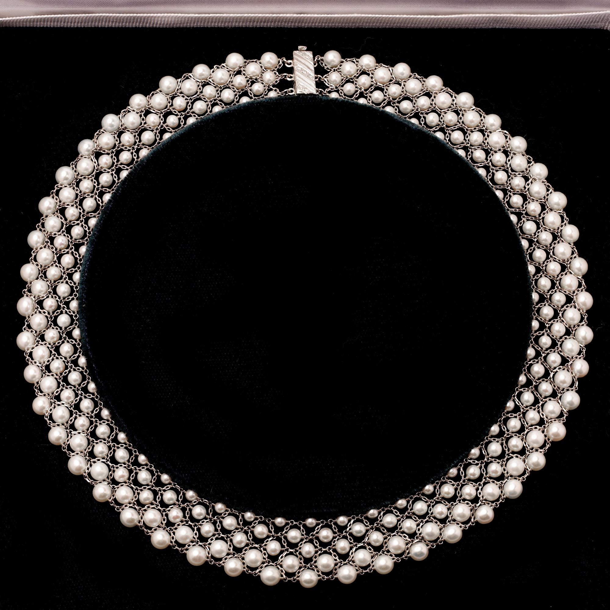 Women's Cultured Pearl Necklace with Platinum, Diamond & Emerald Clasp For Sale