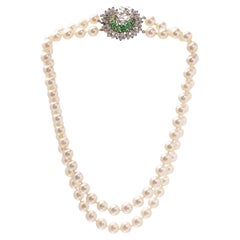 Cultured Pearl Necklace with Platinum, Diamond & Emerald Clasp