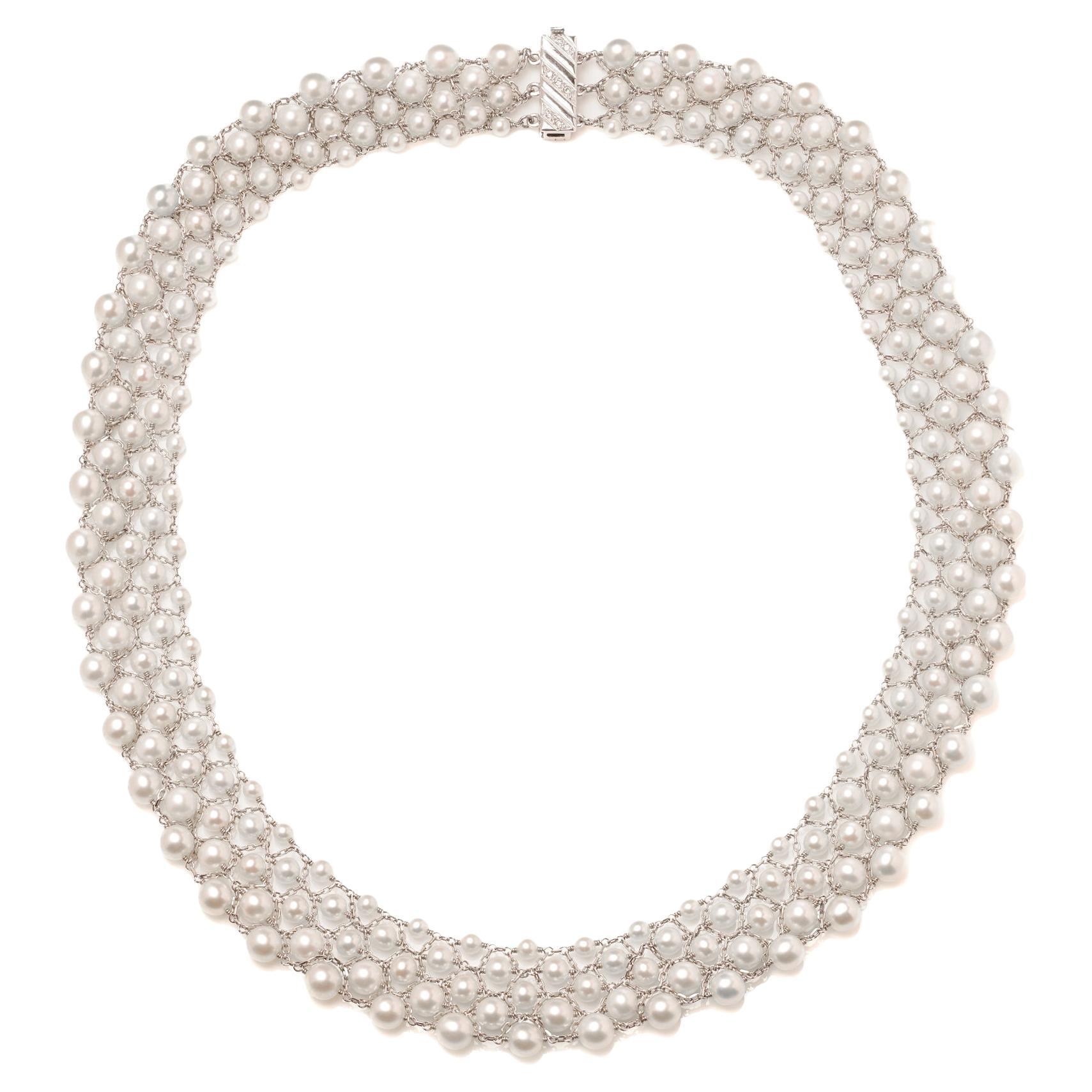 Cultured Pearl Necklace with Platinum, Diamond & Emerald Clasp For Sale