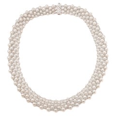 Cultured Pearl Necklace with Platinum, Diamond & Emerald Clasp