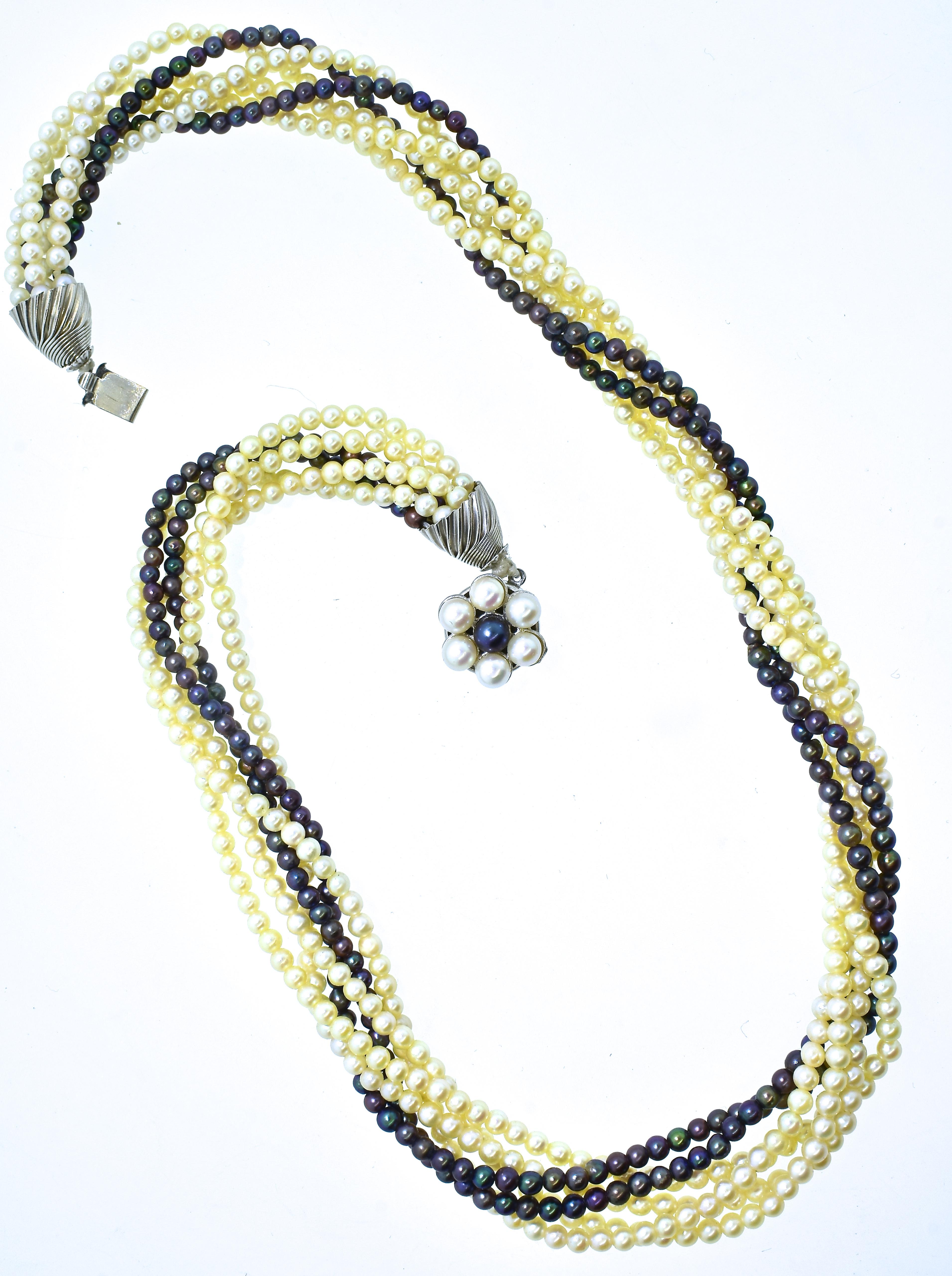 Bead Cultured Pearl Necklace with White and Black Akoya Pearls For Sale