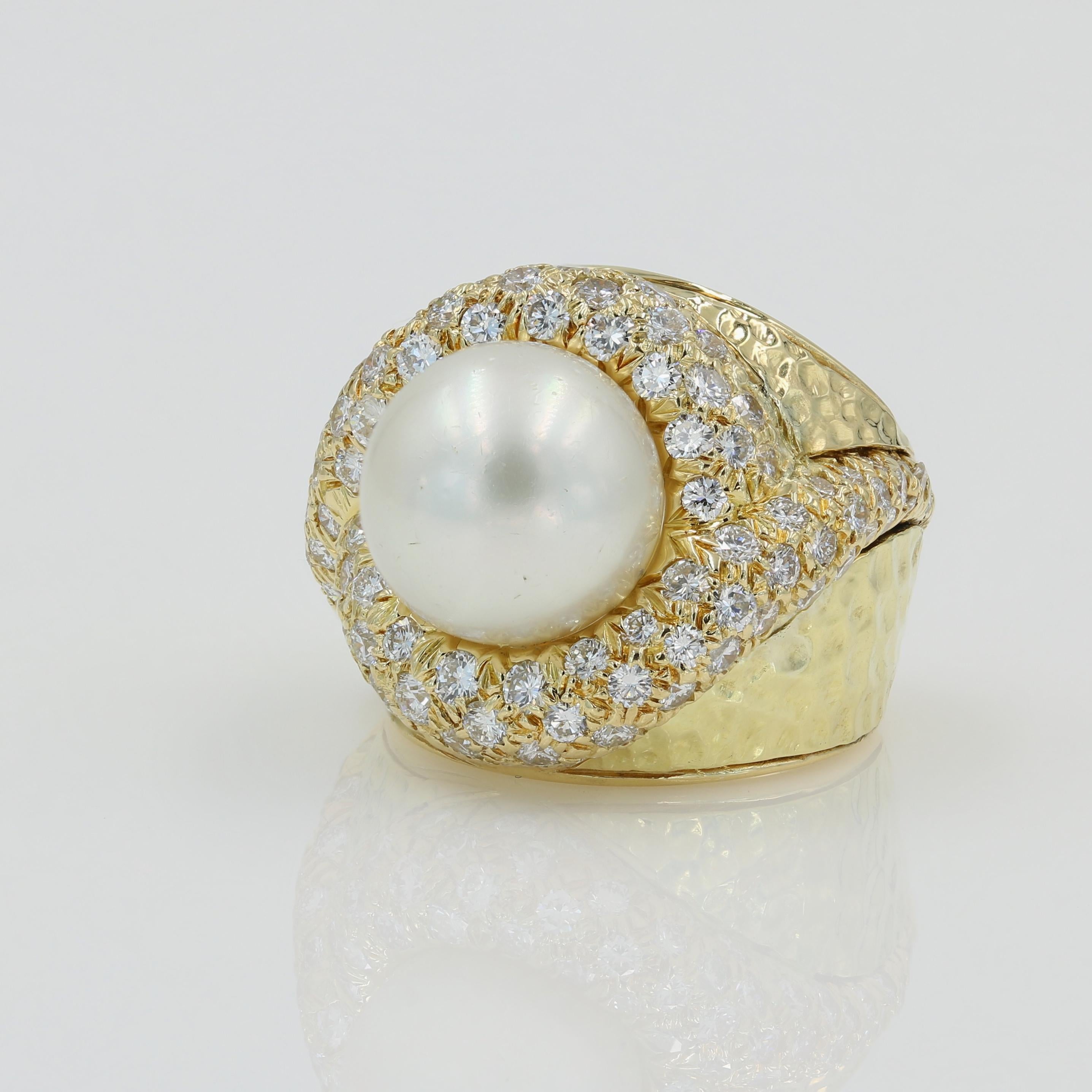 Cultured Pearl & Pave Diamond Ring in 18kt YG - featuring a 11.5mm fine white cultured pearl. Approximately 102 round cut diamonds (G-H VS) that weight about 2.92ctw. Hand hammered finish. Ring is pre-owned.  Weighs 13.9DWT and size is around 6 1/2.