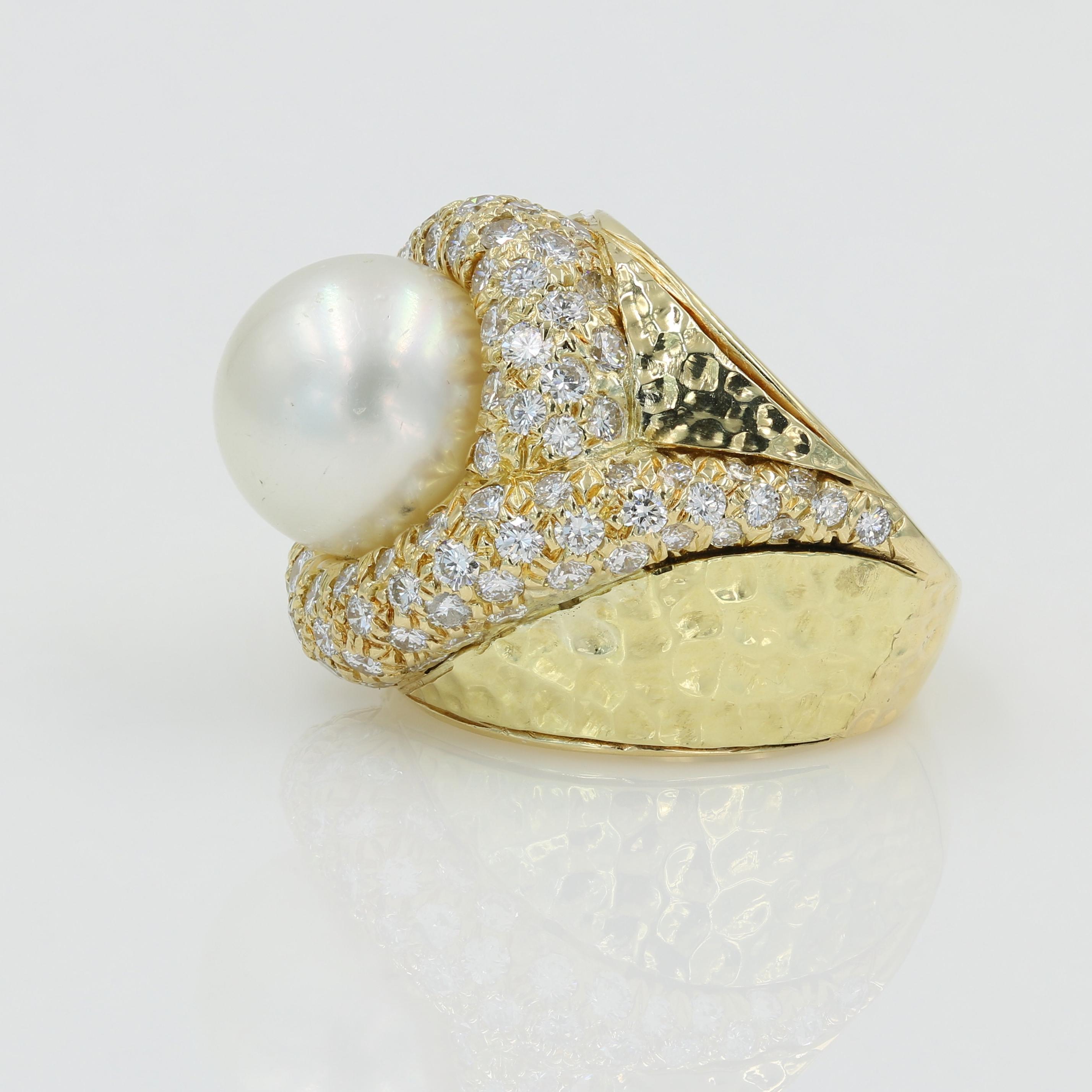 Brilliant Cut Cultured Pearl and Pave Diamond Ring in 18 Karat YG For Sale