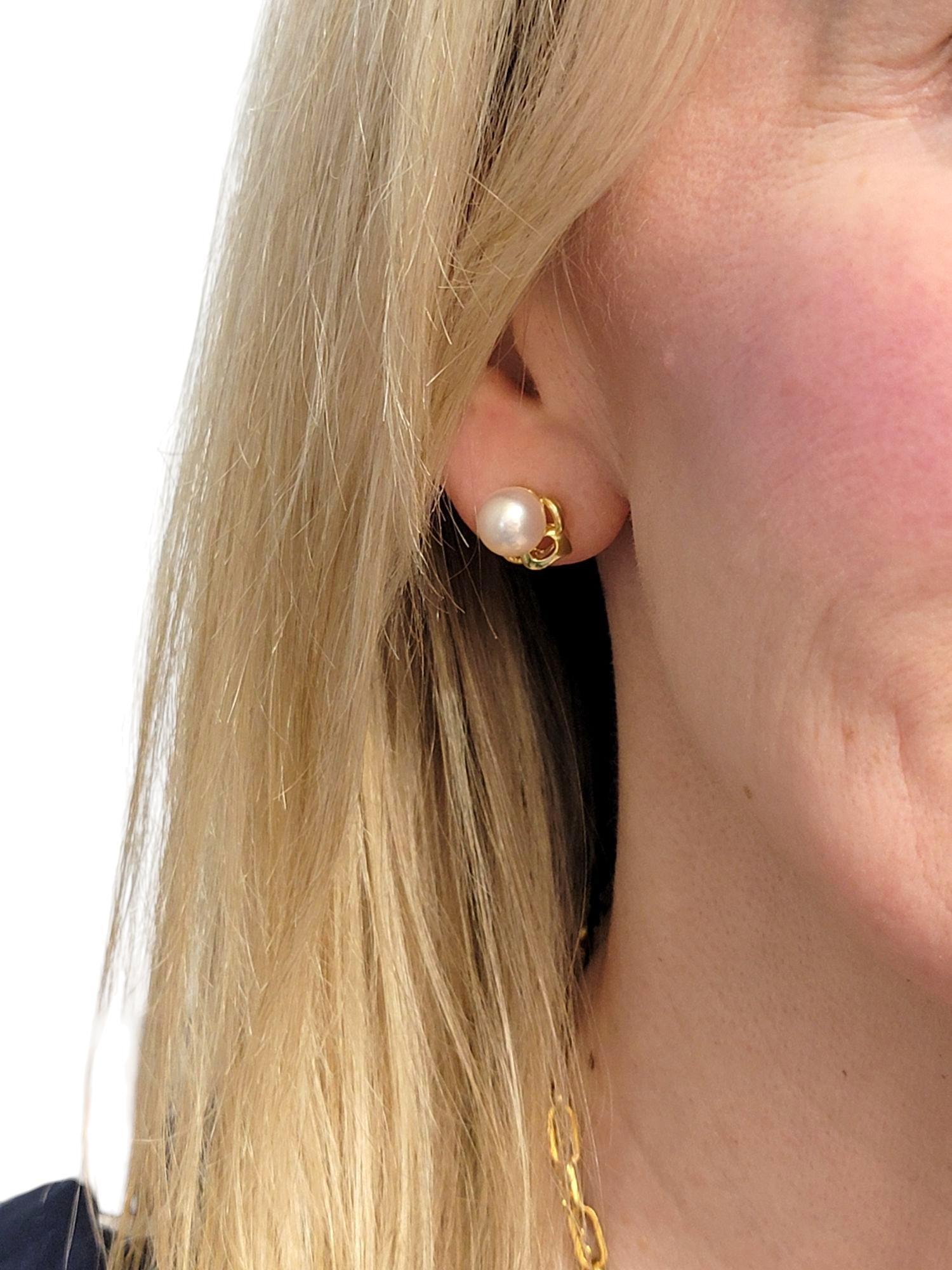 Cultured Pearl Pierced Stud Earrings with 18 Karat Yellow Gold Detailing For Sale 5