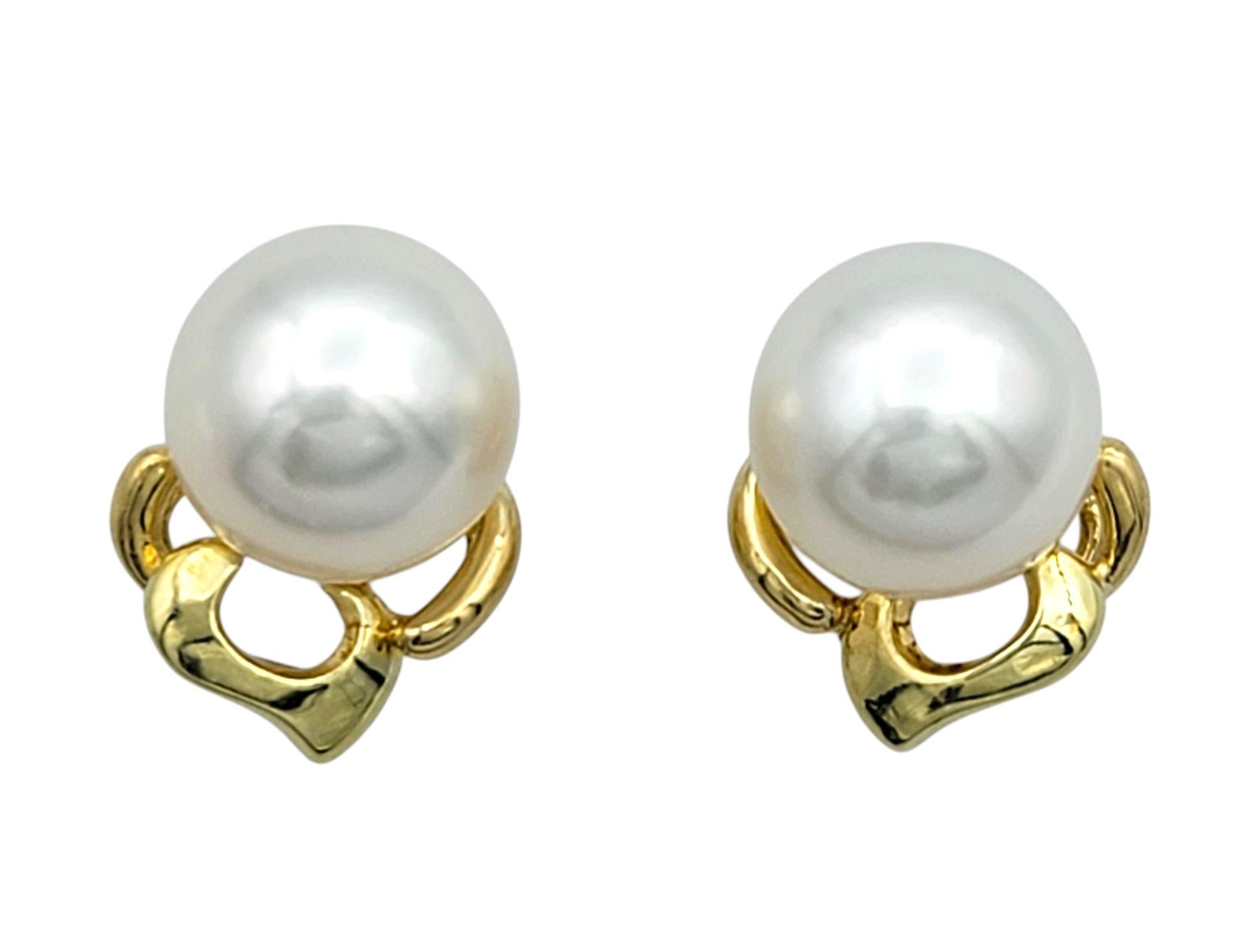 Contemporary Cultured Pearl Pierced Stud Earrings with 18 Karat Yellow Gold Detailing For Sale