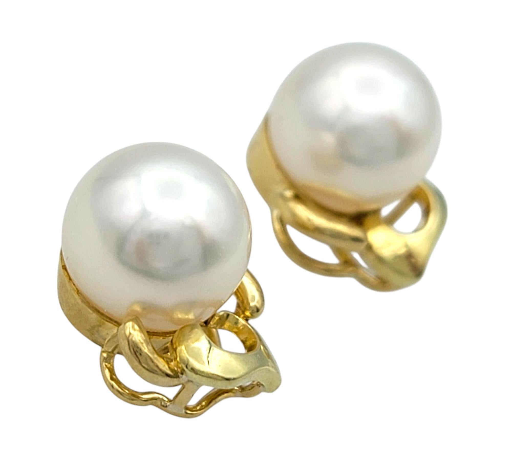 Round Cut Cultured Pearl Pierced Stud Earrings with 18 Karat Yellow Gold Detailing For Sale