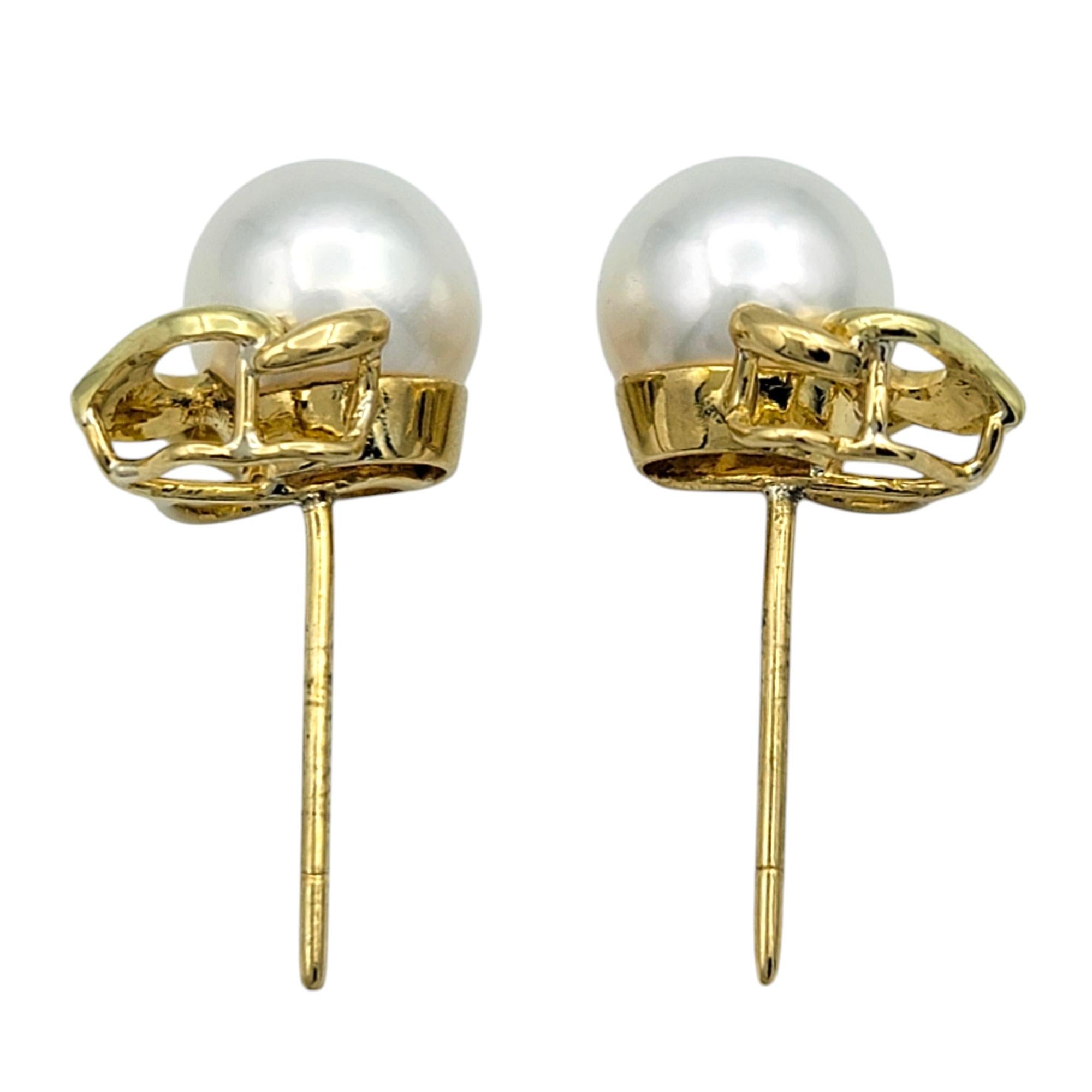 Women's Cultured Pearl Pierced Stud Earrings with 18 Karat Yellow Gold Detailing For Sale