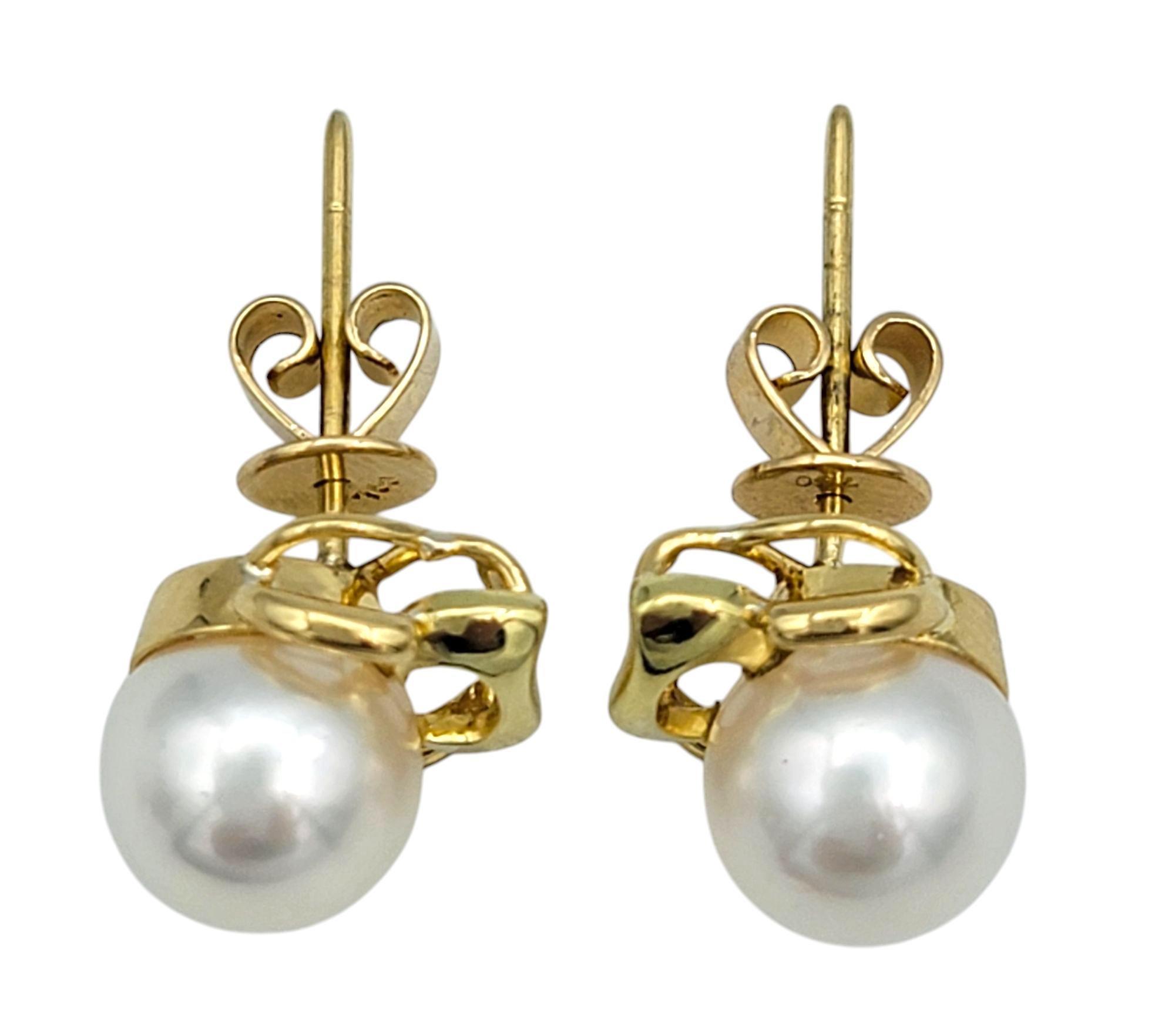 Cultured Pearl Pierced Stud Earrings with 18 Karat Yellow Gold Detailing For Sale 1