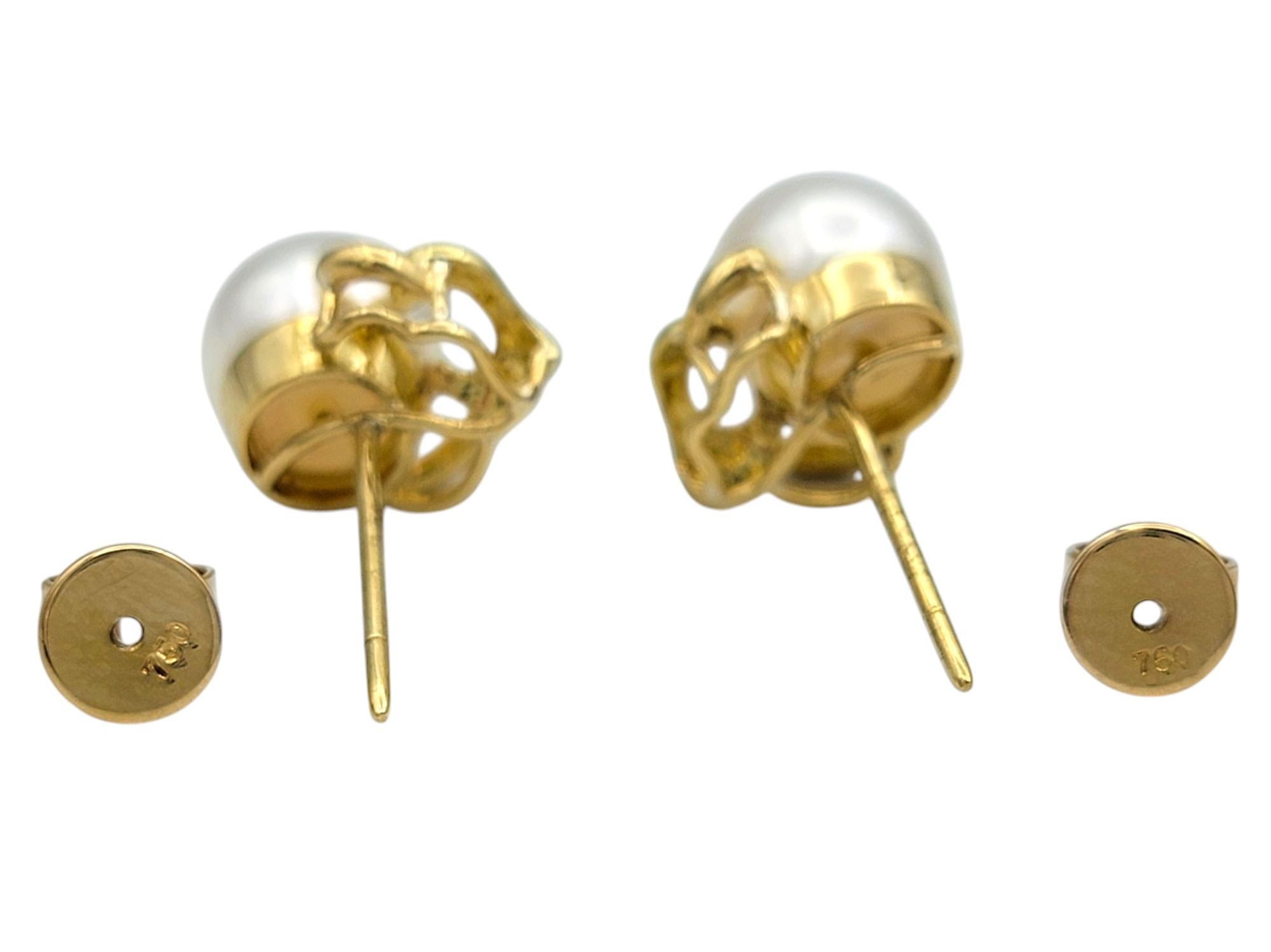 Cultured Pearl Pierced Stud Earrings with 18 Karat Yellow Gold Detailing For Sale 2