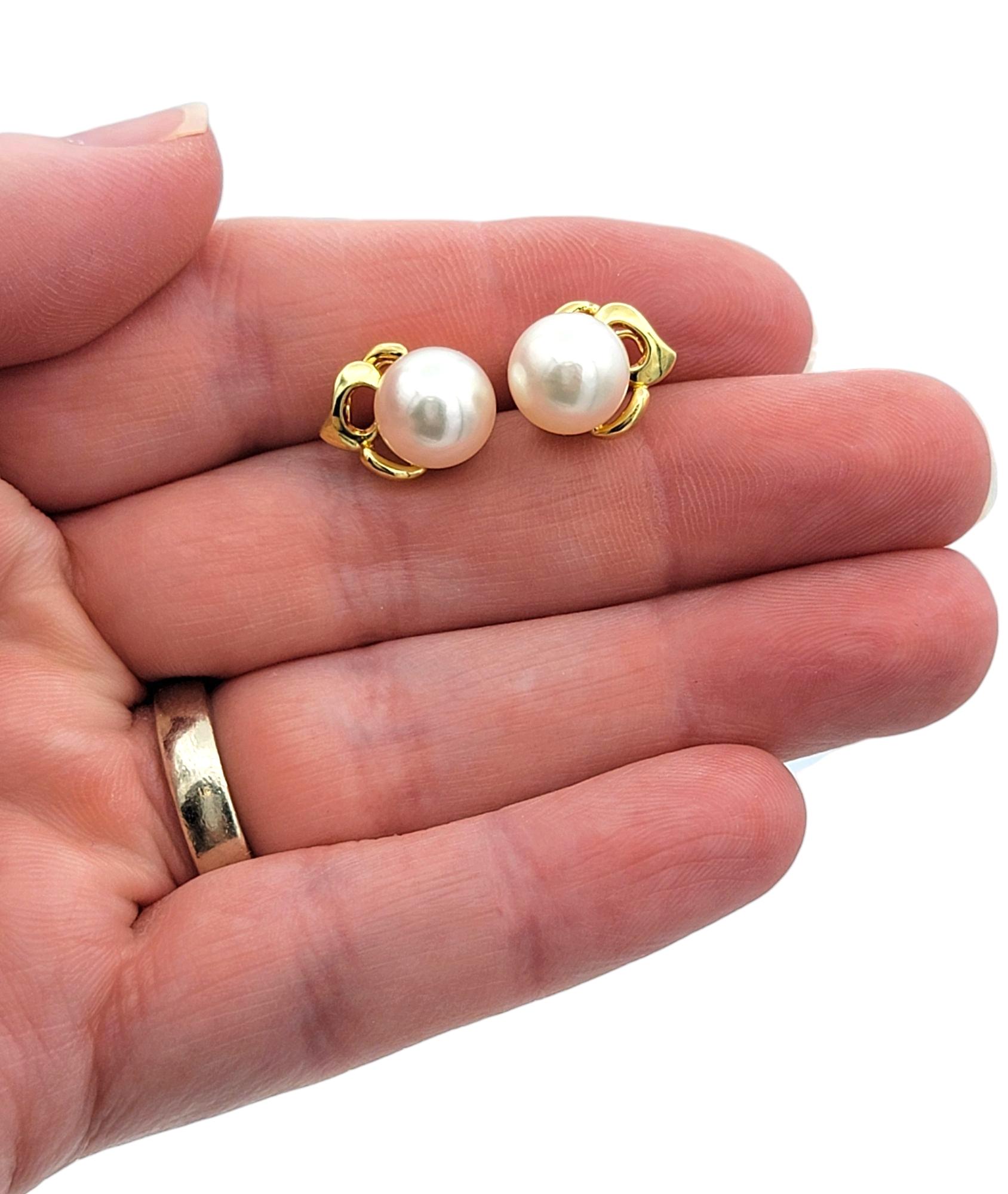 Cultured Pearl Pierced Stud Earrings with 18 Karat Yellow Gold Detailing For Sale 3
