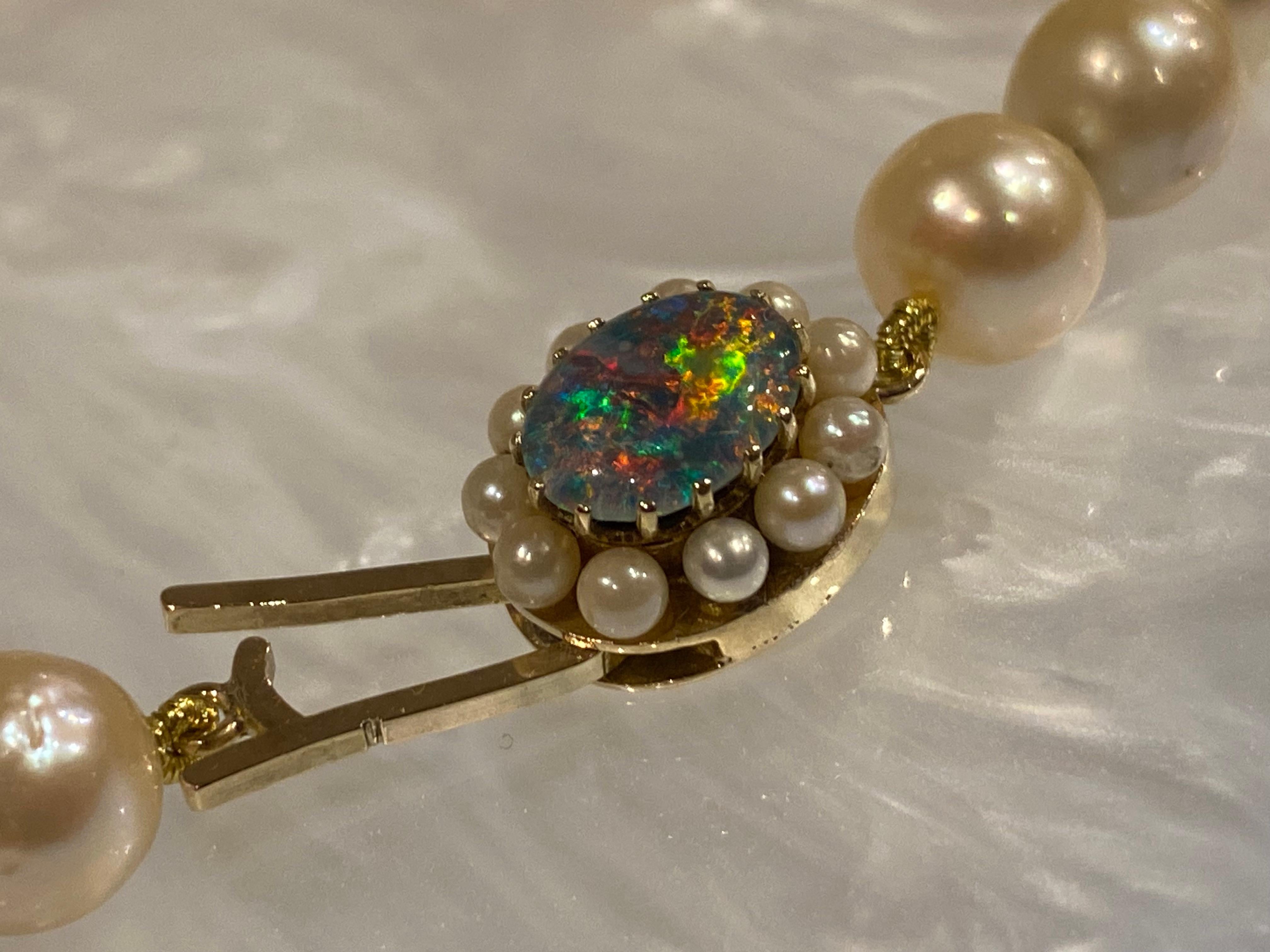 Cultured Pearl Princess Length 45cm Necklace with 9K Gold, Opal & Pearl Clasp For Sale 1