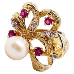 Cultured Pearl, Ruby, and Diamond Ring, Yellow Gold, Asymmetrical Design, Estate