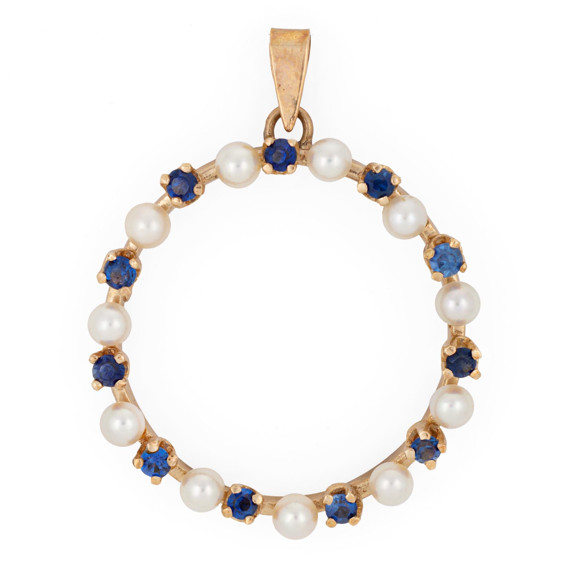 Modern Cultured Pearl Sapphire Circle Pendant Large Vintage 14k Yellow Gold Jewelry For Sale
