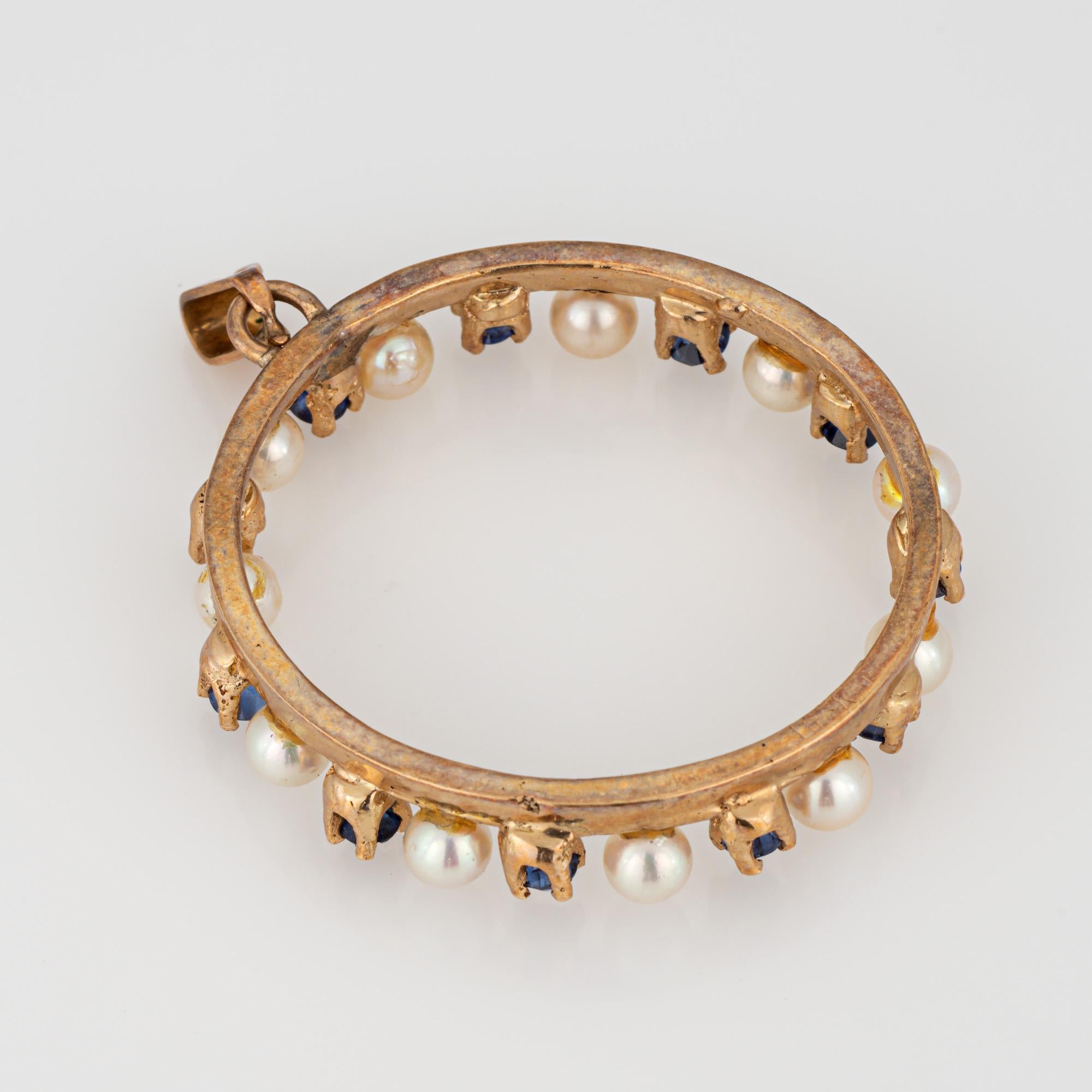 Round Cut Cultured Pearl Sapphire Circle Pendant Large Vintage 14k Yellow Gold Jewelry For Sale