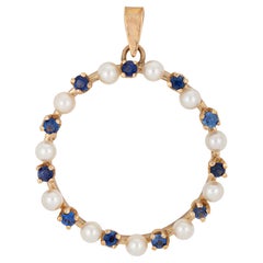 Cultured Pearl Sapphire Circle Pendant Large Vintage 14k Yellow Gold Jewelry