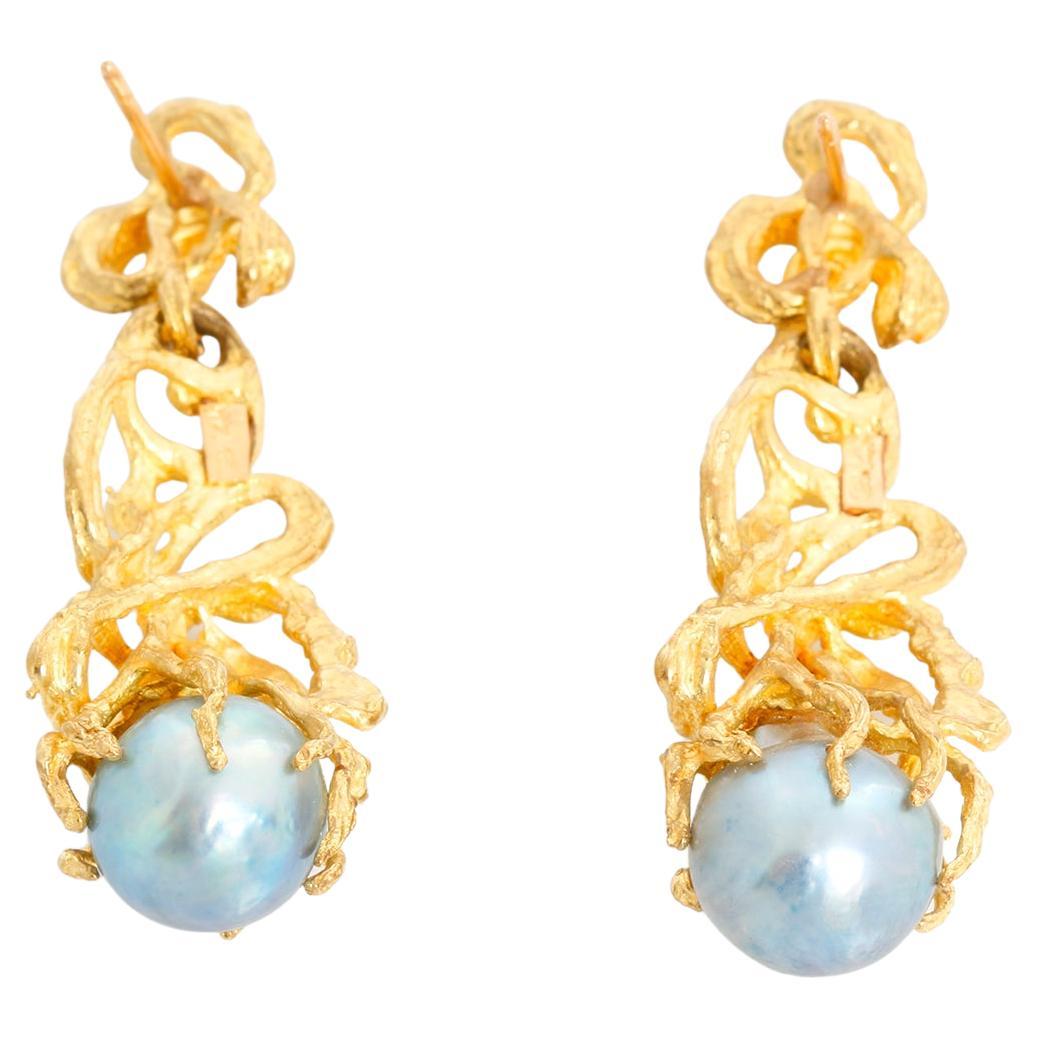 Cultured Pearl Set in 14K Yellow Gold Earrings For Sale
