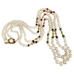 Cultured Pearl Strand with Diamonds and Gold, Ruby, Emerald and Sapphire Spacers