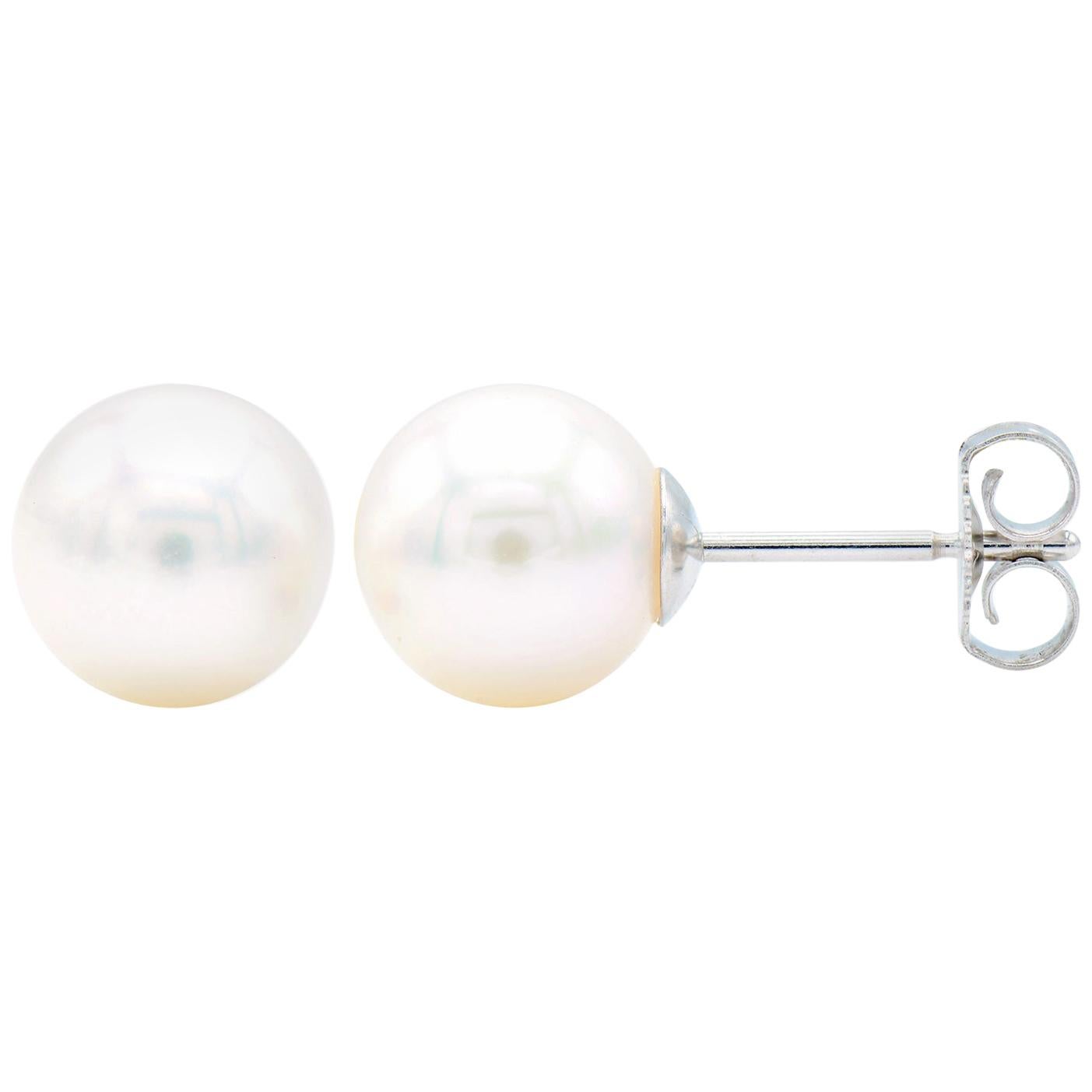 8.5-9mm Cultured Pearl Stud Earrings with 14 Karat White Gold Posts and Backs For Sale