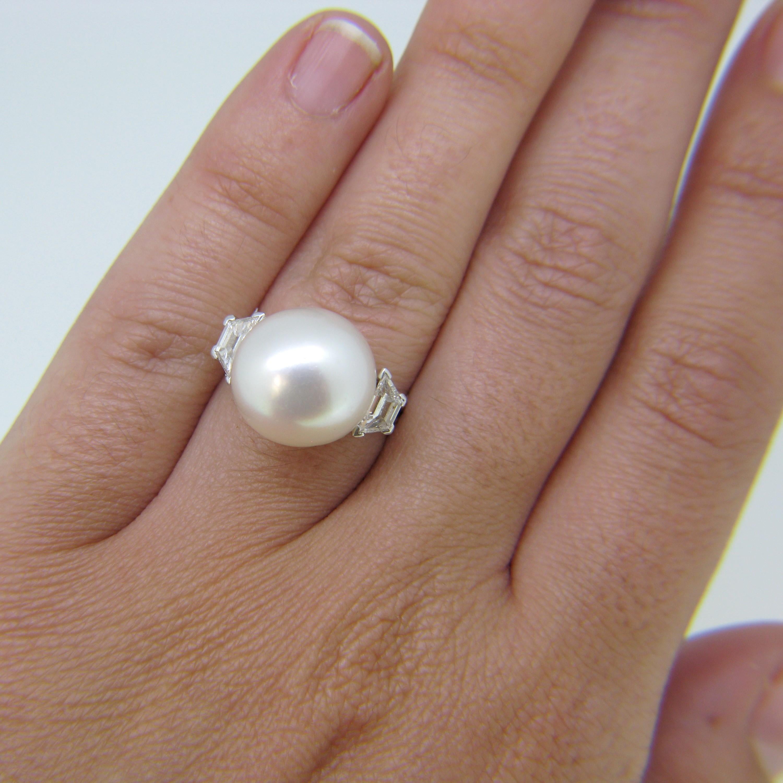 Cultured Pearl Trapeze Diamonds White Gold Platinum Ring 5