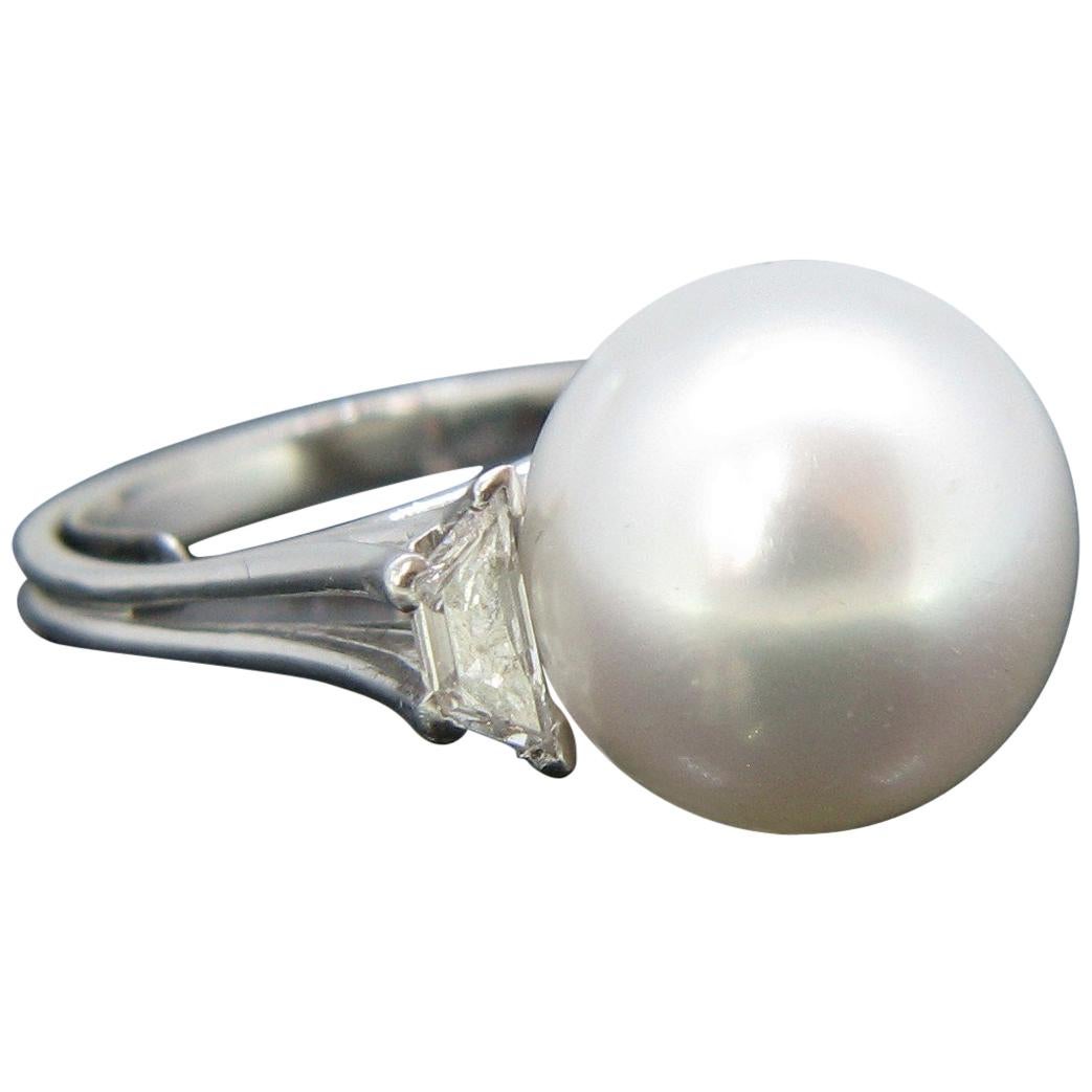 Cultured Pearl Trapeze Diamonds White Gold Platinum Ring