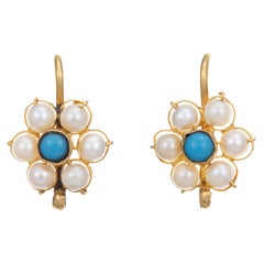 Cultured Pearl Turquoise Earrings Daisy Flower 18k Yellow Gold Retro Jewelry
