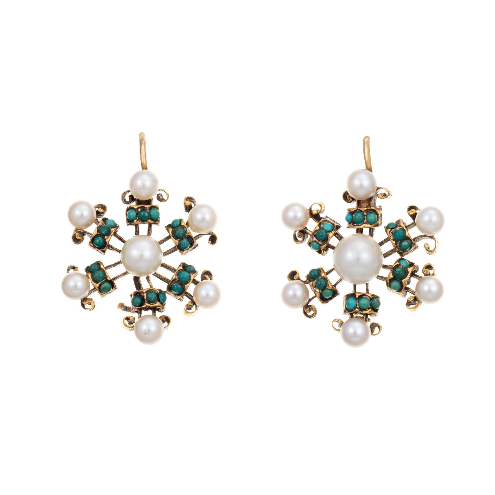Round Cut Cultured Pearl Turquoise Snowflake Earrings Vintage 14k Yellow Gold Fine Jewelry