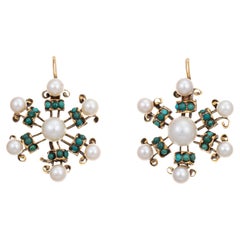 Cultured Pearl Turquoise Snowflake Earrings Vintage 14k Yellow Gold Fine Jewelry
