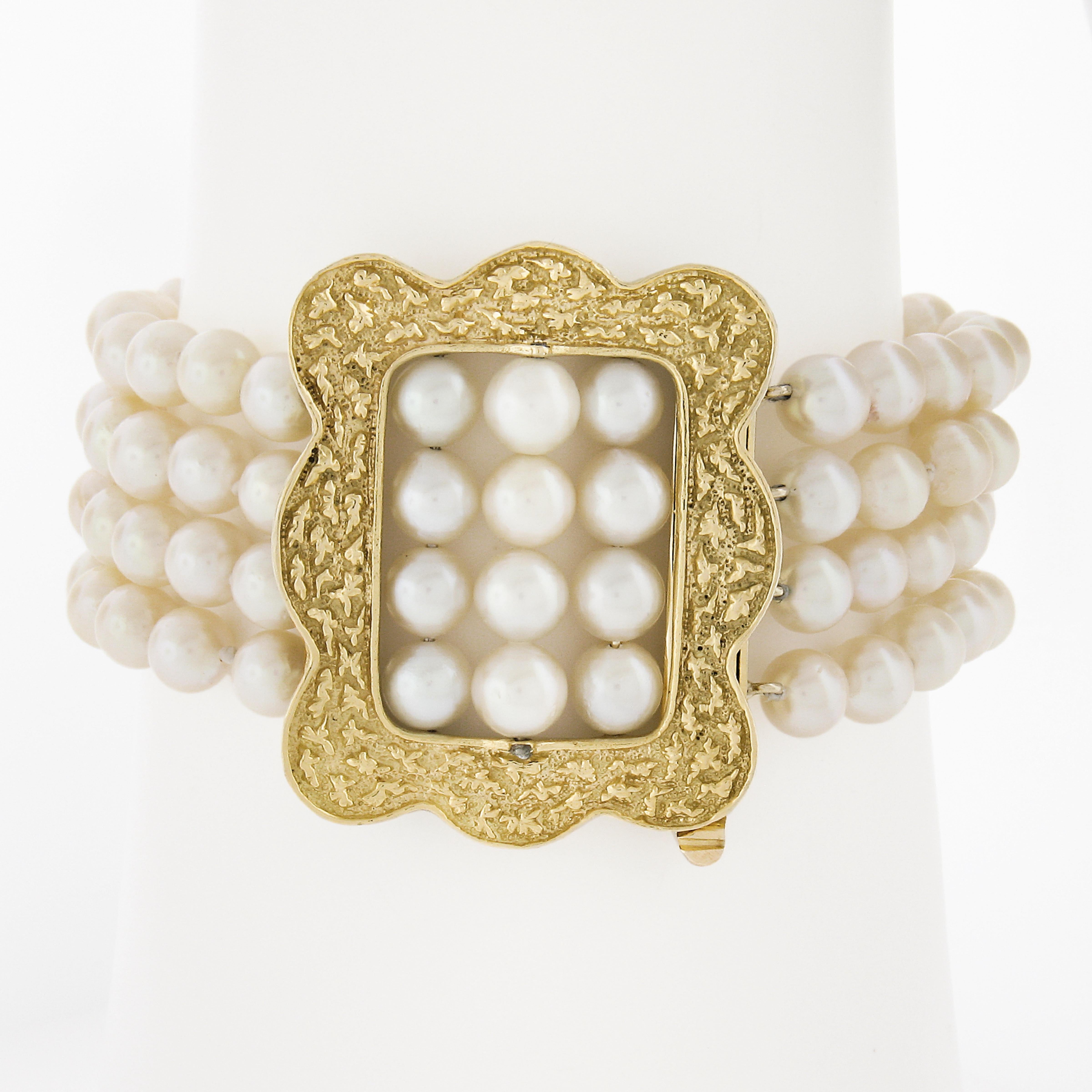 --Stone(s):--
108 Genuine Cultured Pearls - Round Shape - Strung - Nice White Creamy w/ Pink Overstone Color - Good Luster - 5-6mm each approx.

Material: Solid 14K Yellow Gold Clasp
Weight: 44.02 Grams
Type: 4 Strand Cultured Pearls
Length: Will