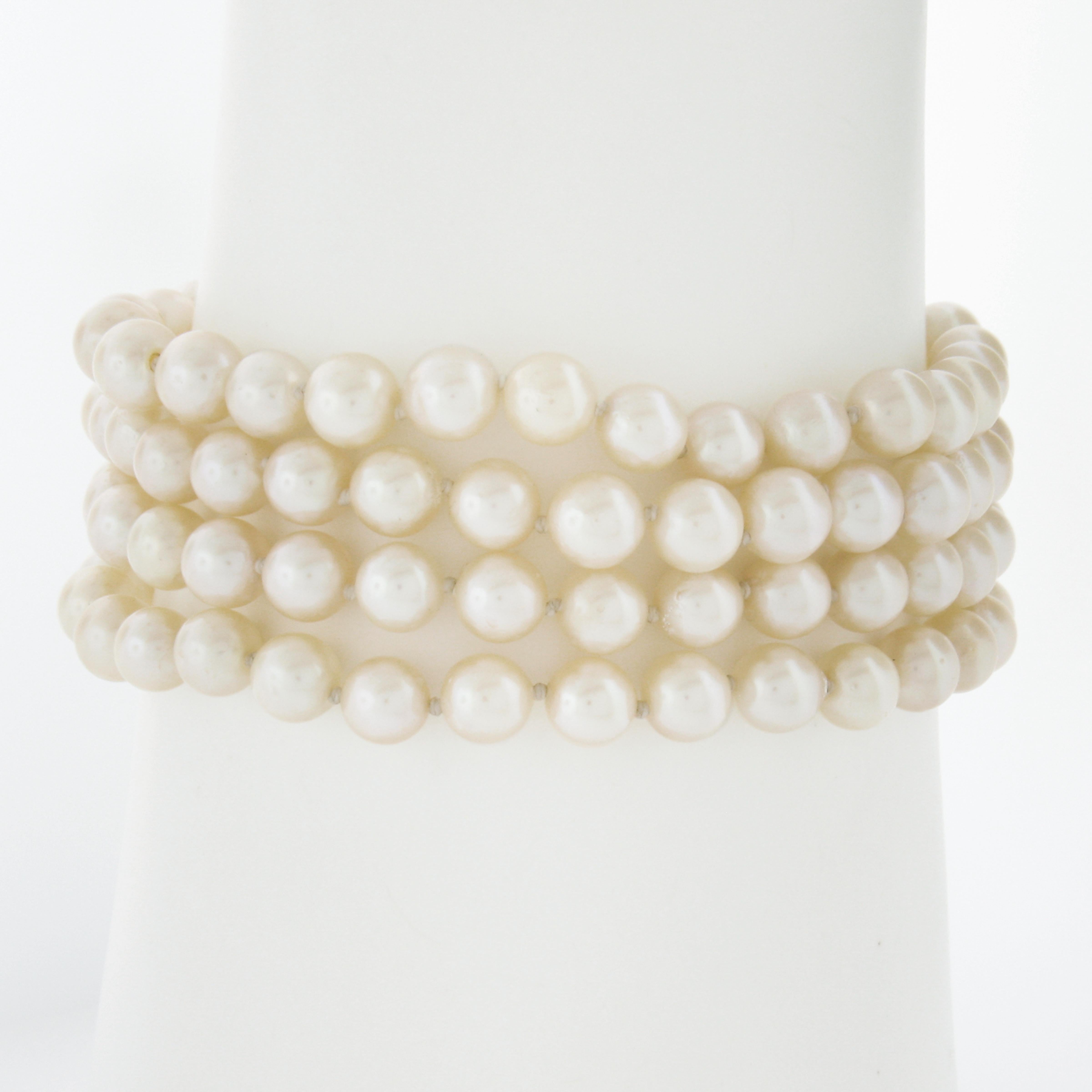 Round Cut Cultured Pearl w/ 14k Gold Textured Buckle Style 4 Row Strand 5-6mm Bracelet For Sale