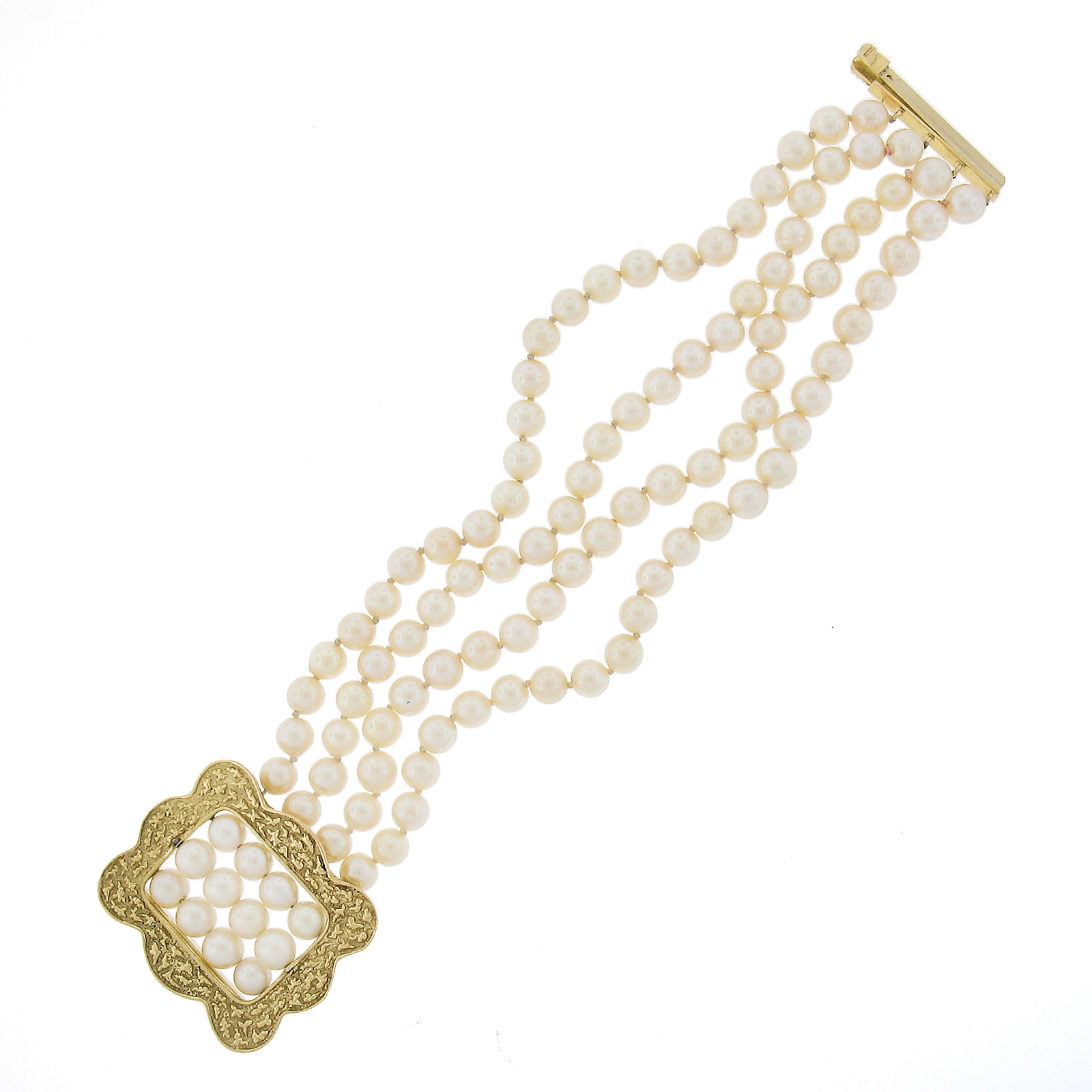 Bracelet à 4 rangs de perles de culture avec boucle texturée en or 14 carats style boucle de 5 à 6 mm Pour femmes en vente