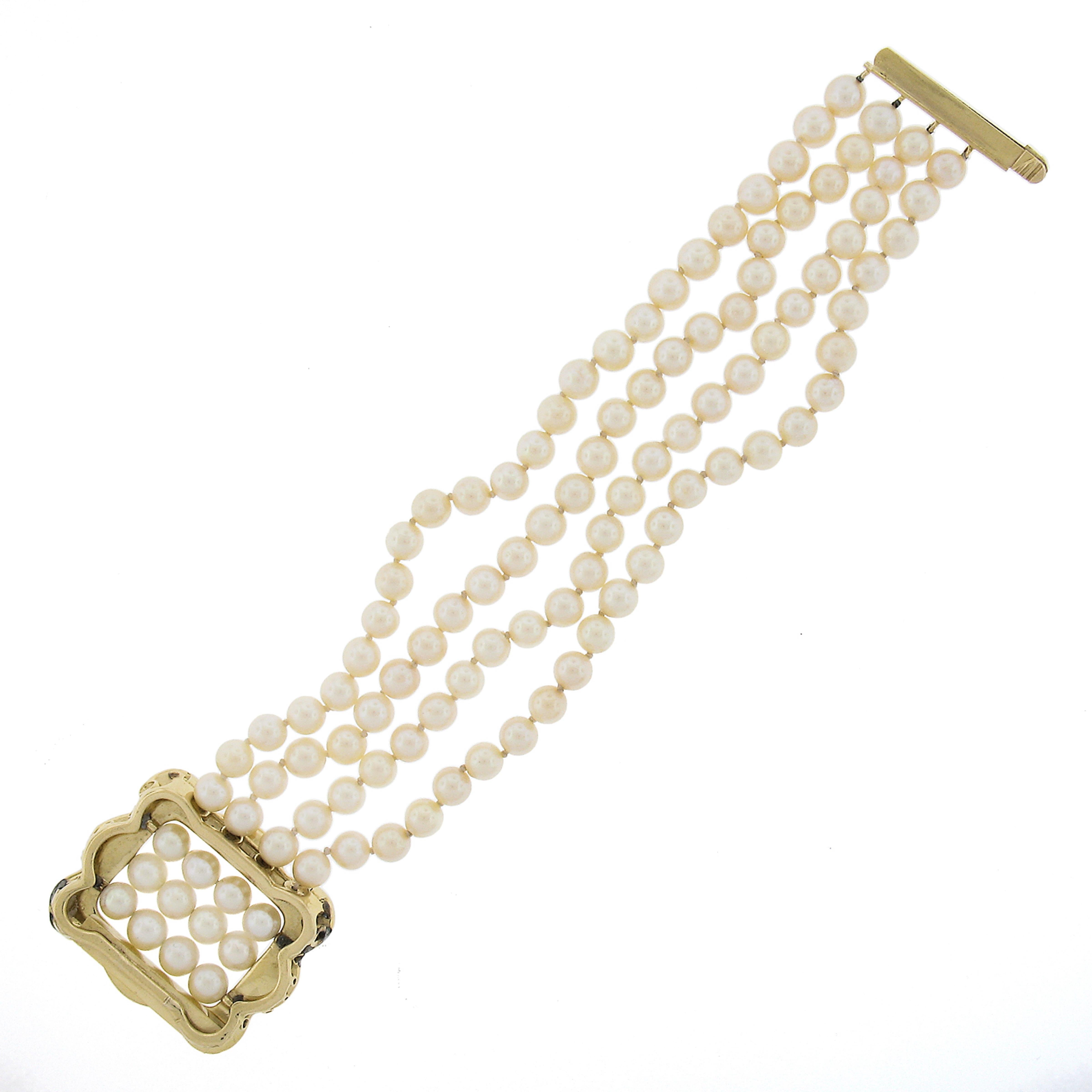 Bracelet à 4 rangs de perles de culture avec boucle texturée en or 14 carats style boucle de 5 à 6 mm en vente 1