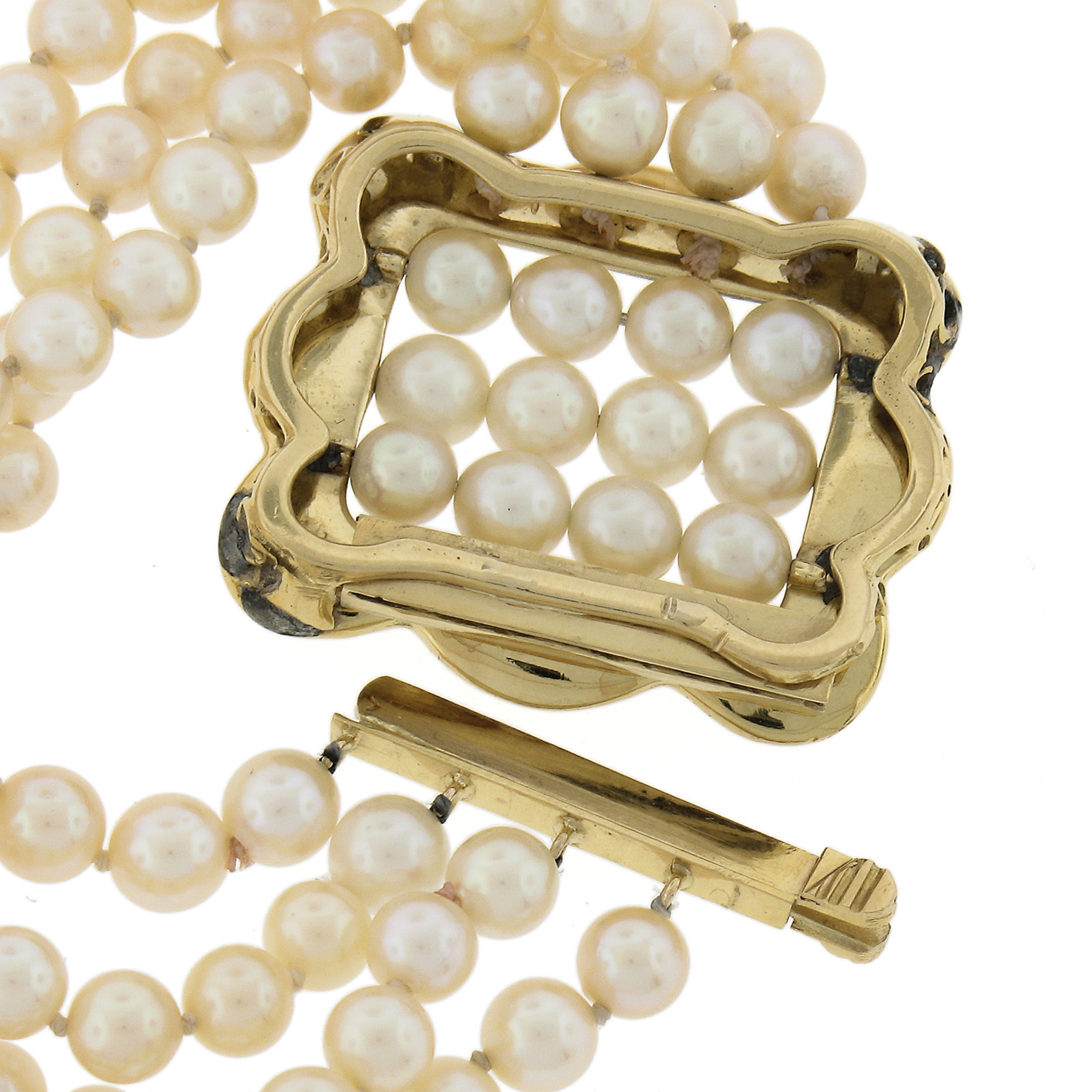 Cultured Pearl w/ 14k Gold Textured Buckle Style 4 Row Strand 5-6mm Bracelet For Sale 3