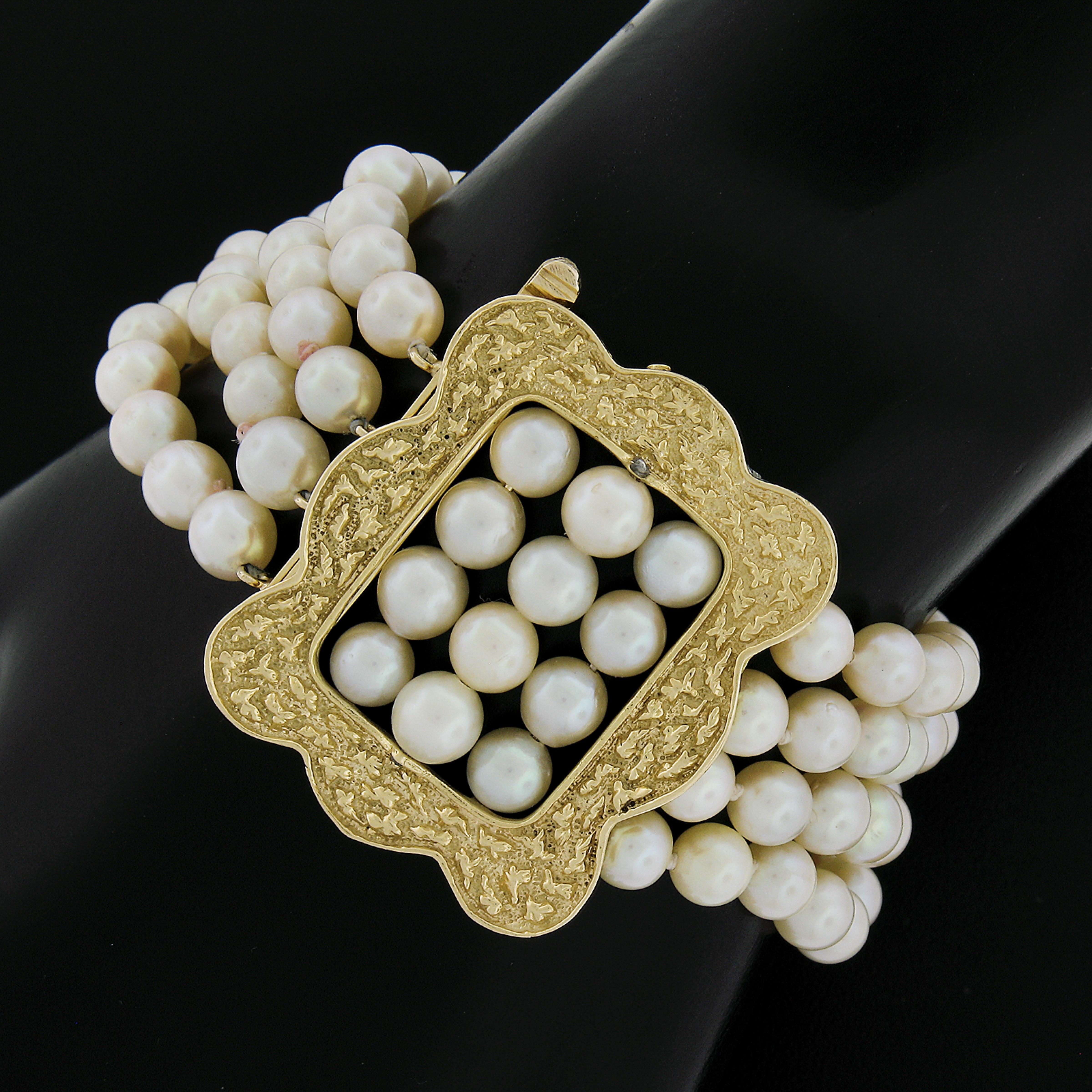 Bracelet à 4 rangs de perles de culture avec boucle texturée en or 14 carats style boucle de 5 à 6 mm en vente 4