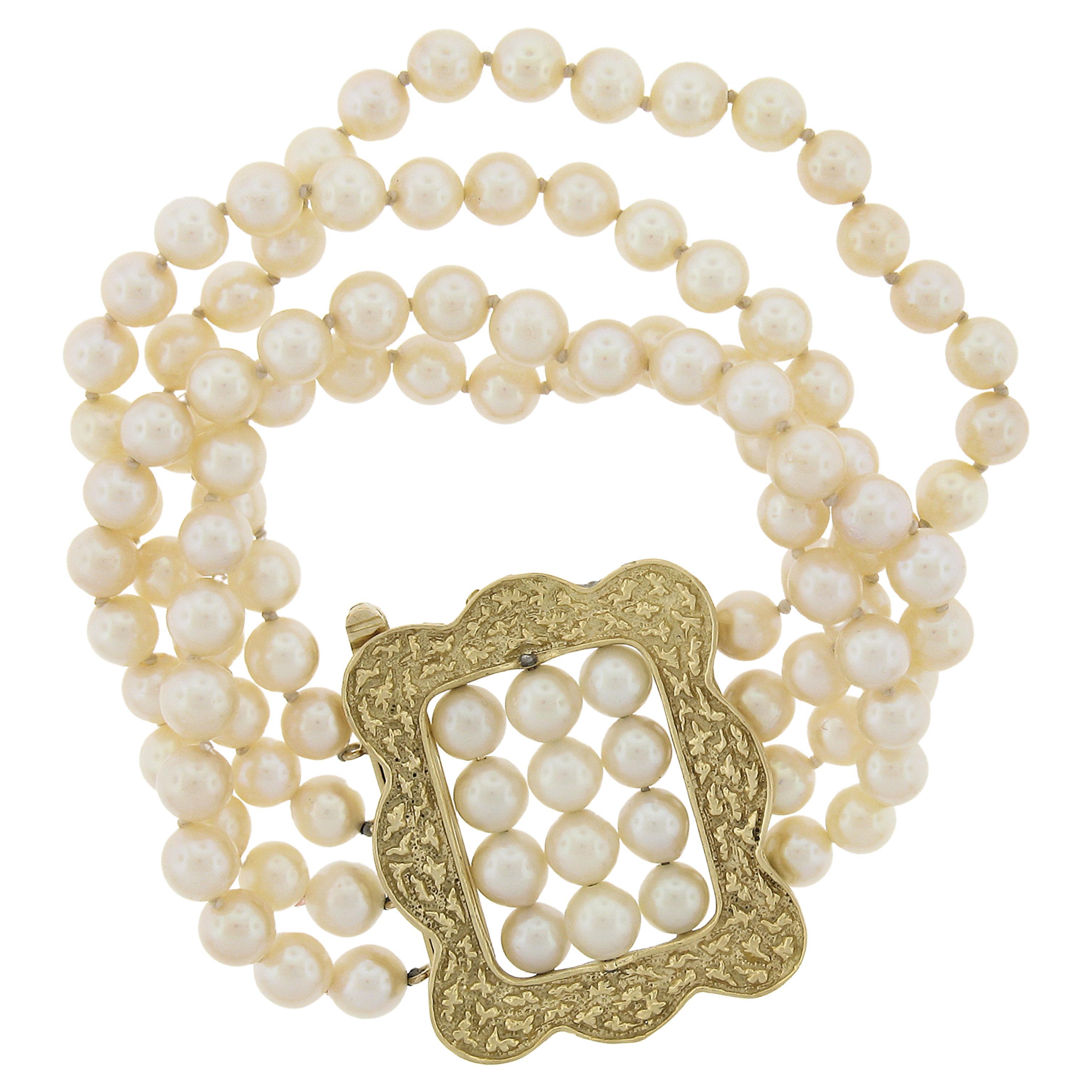 Cultured Pearl w/ 14k Gold Textured Buckle Style 4 Row Strand 5-6mm Bracelet For Sale