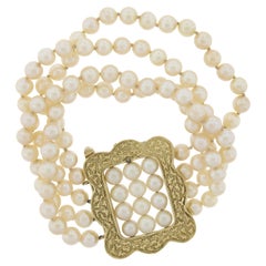 Cultured Pearl w/ 14k Gold Textured Buckle Style 4 Row Strand 5-6mm Bracelet