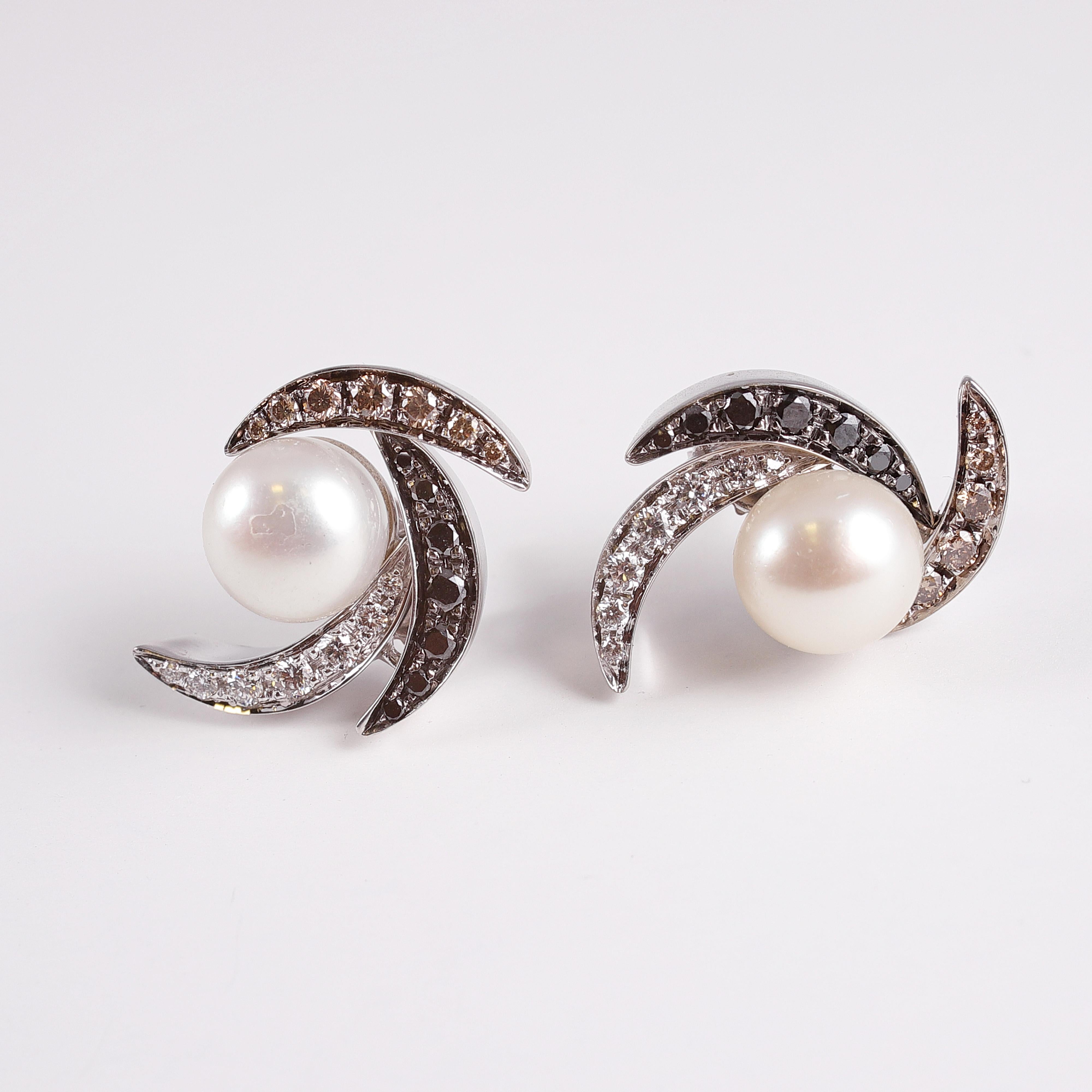 Cultured button pearls with white, chocolate and black diamond 