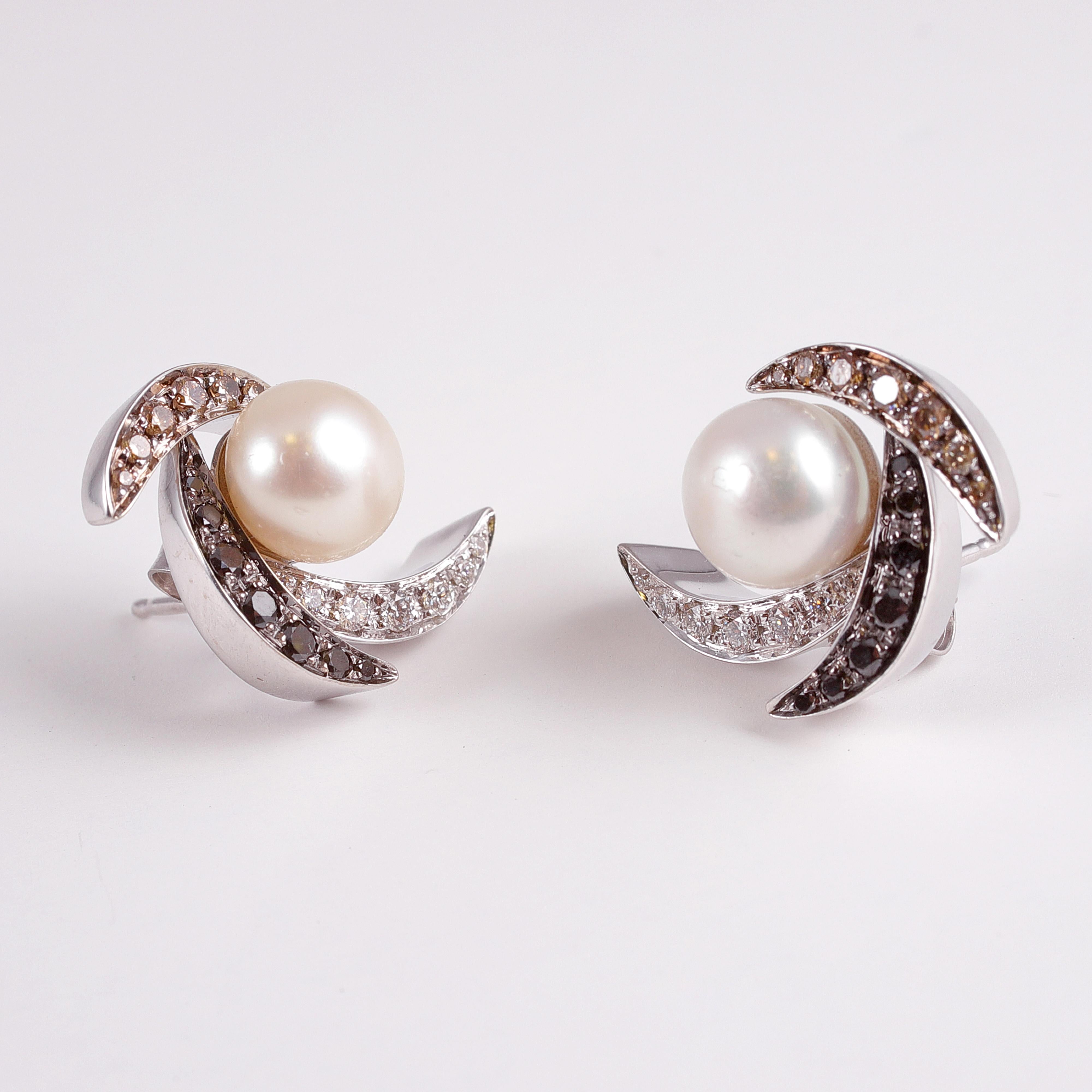 Round Cut Cultured Pearl with Diamond Earrings by IO Si