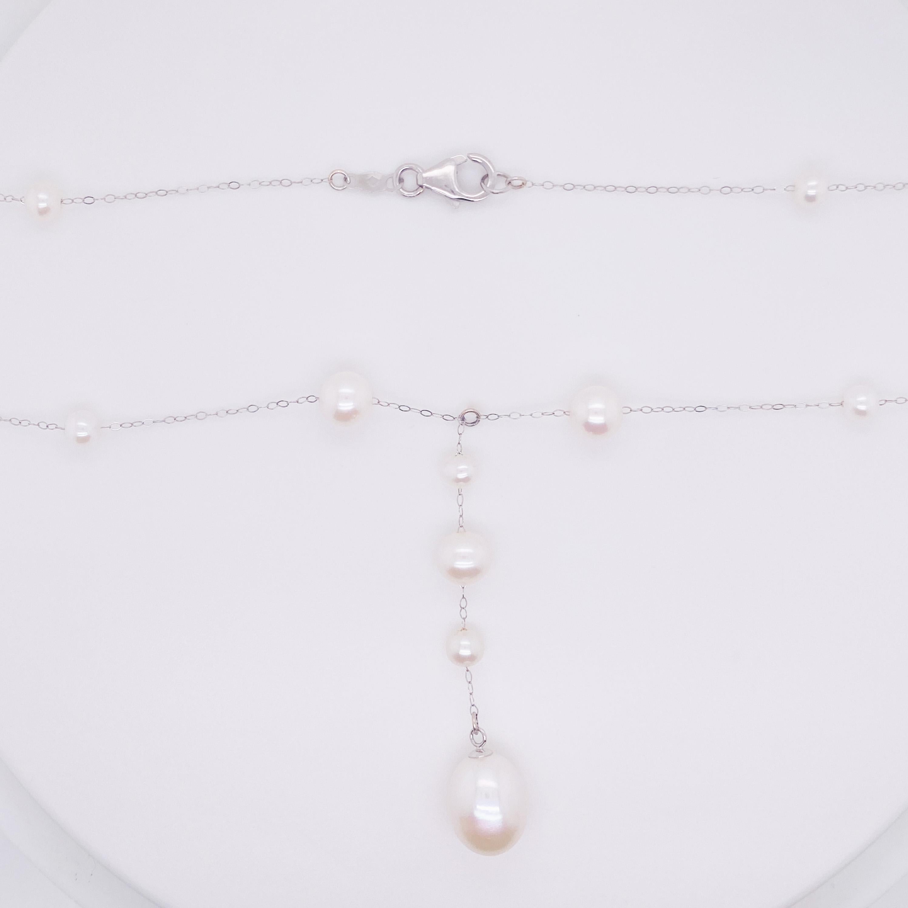 Modern Cultured Pearl Y Wedding Necklace Alternating Stations in 14K White Gold LV For Sale