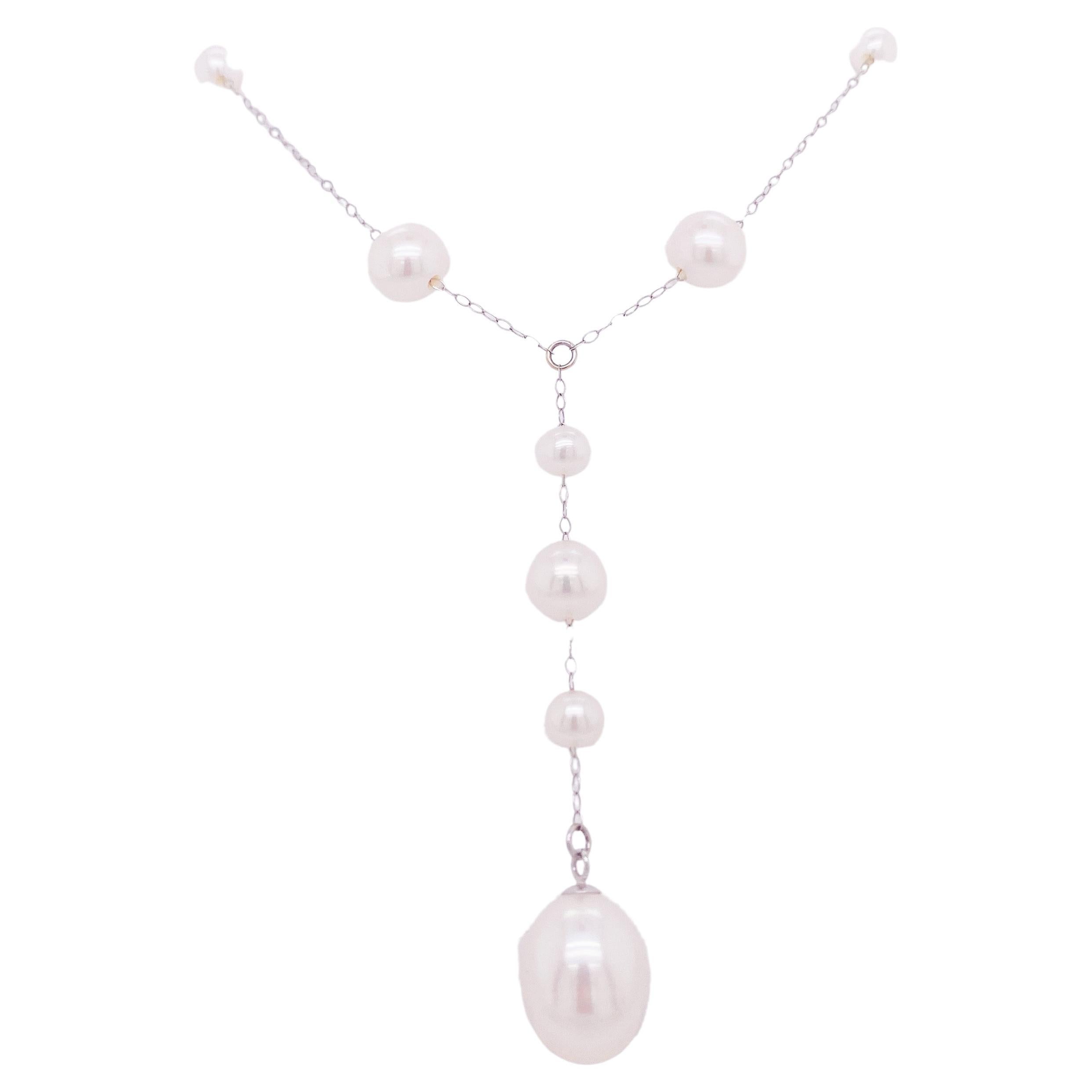 Cultured Pearl Y Wedding Necklace Alternating Stations in 14K White Gold LV For Sale