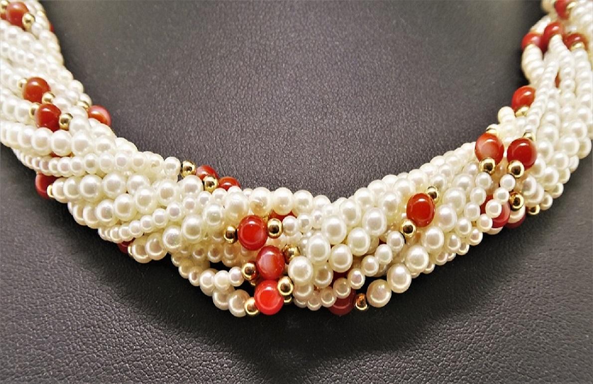 Artist Cultured Pearls, Oxblood Coral, 14k Gold Beads and Clasp For Sale