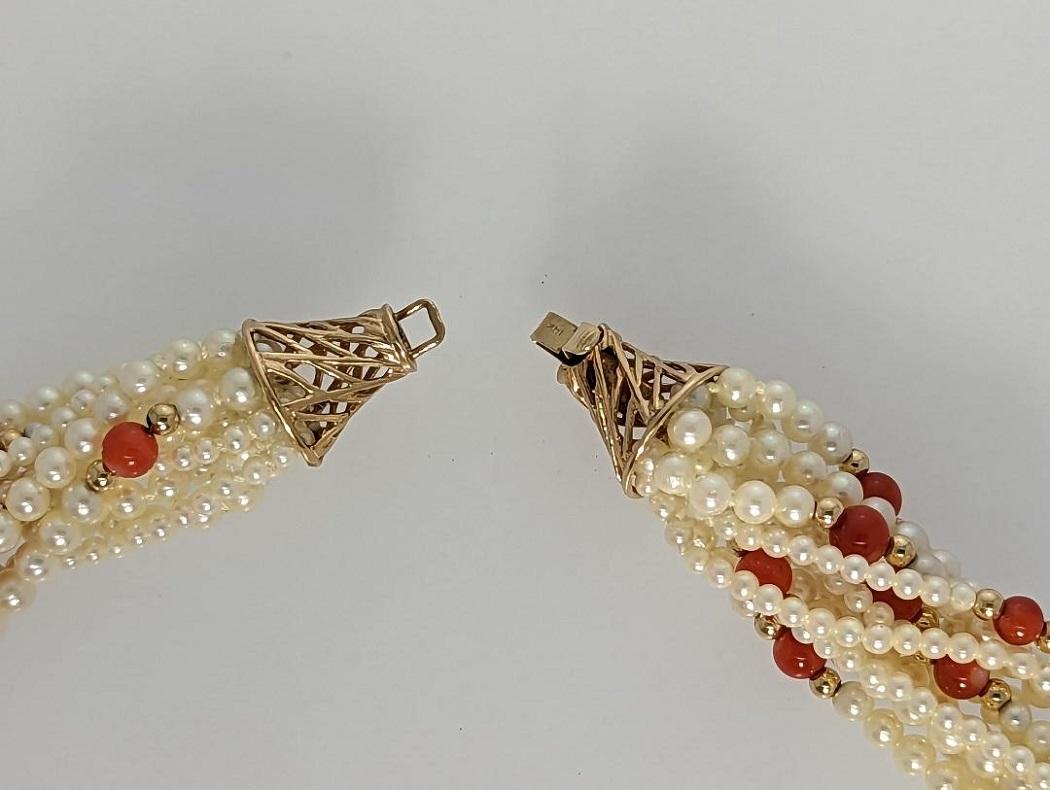 Round Cut Cultured Pearls, Oxblood Coral, 14k Gold Beads and Clasp For Sale