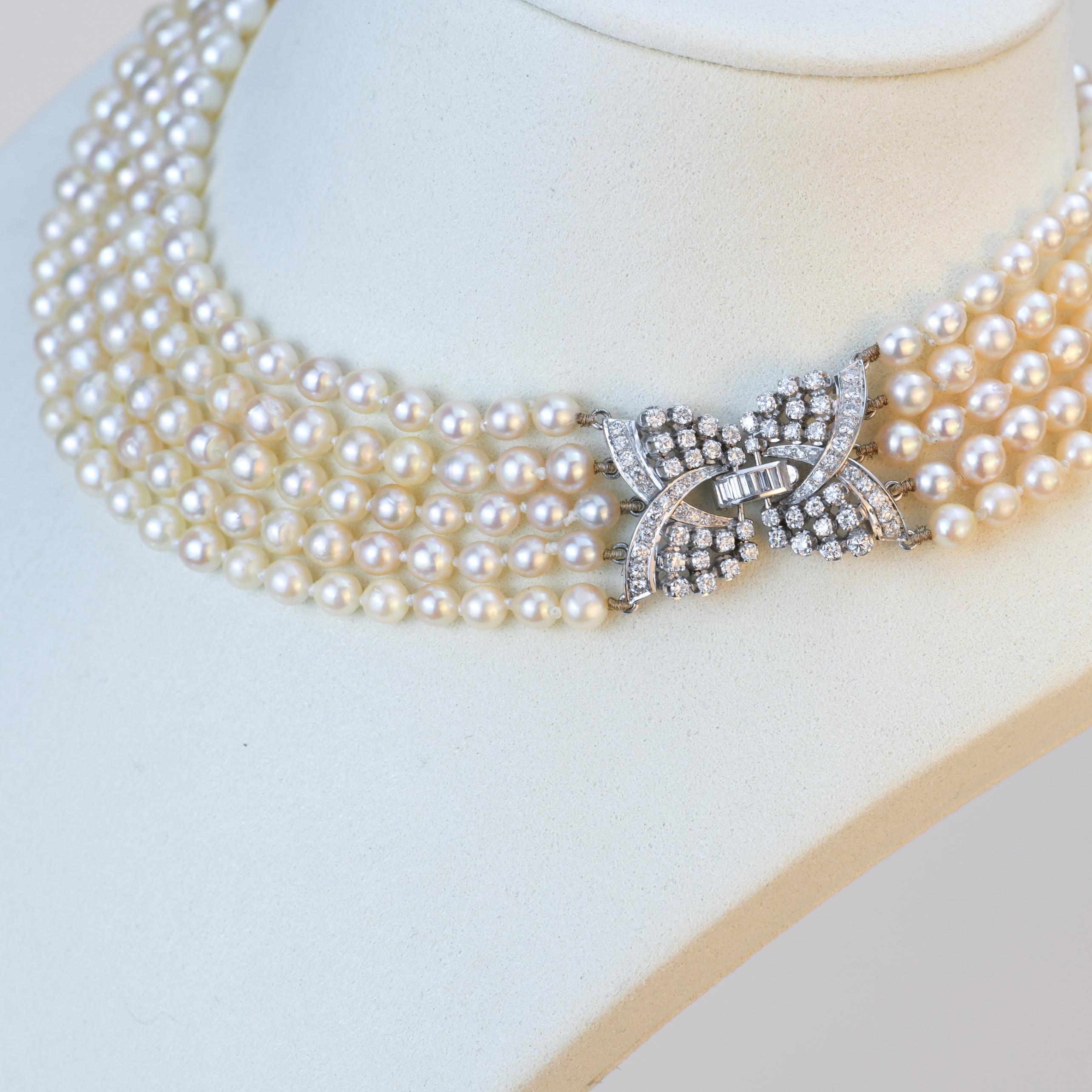 Collar Multicadena Perlas Cultivadas Diamante Oro Blanco 18K en Excelente Estado en Banbury, GB