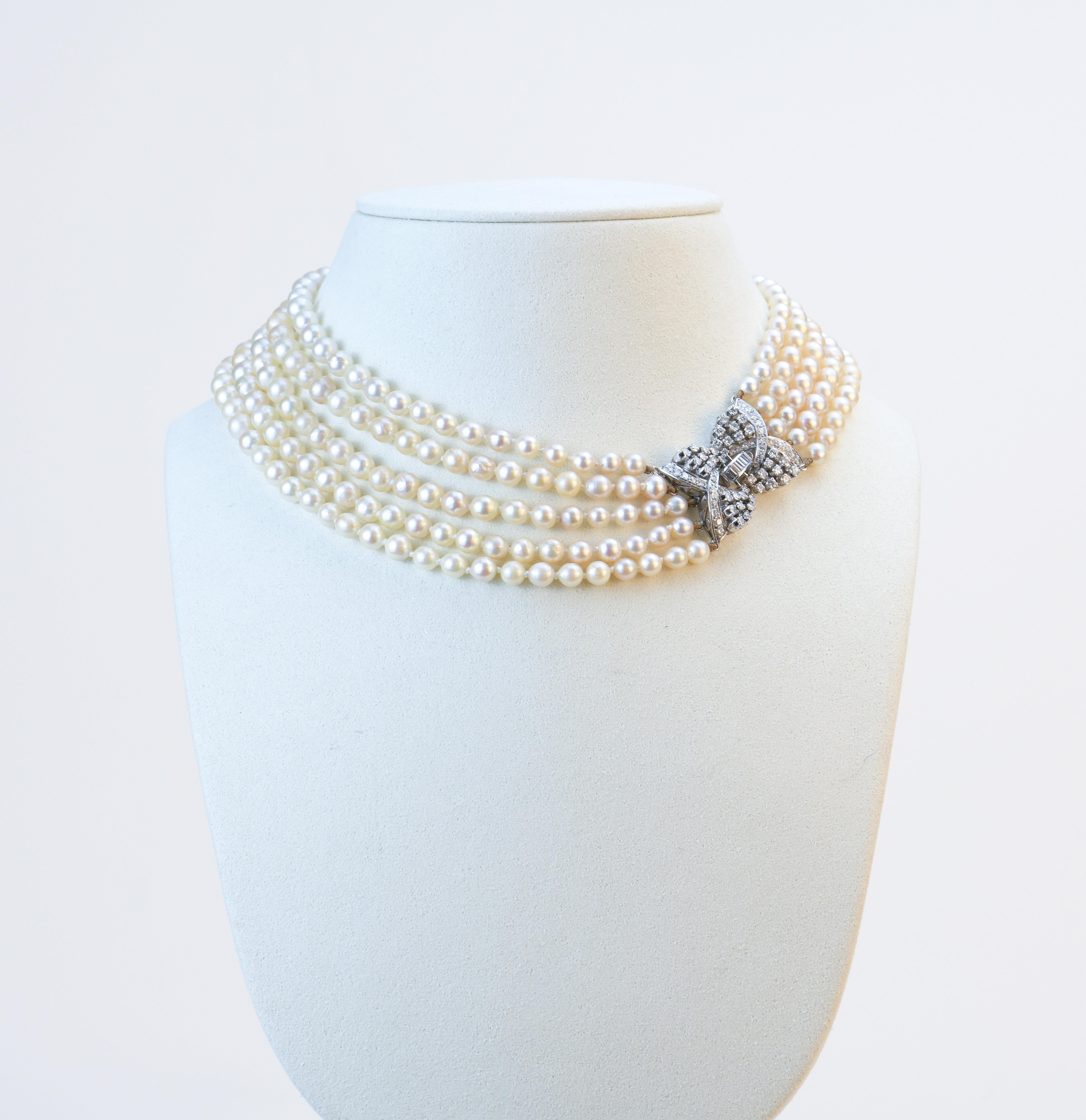 Collar Multicadena Perlas Cultivadas Diamante Oro Blanco 18K 2