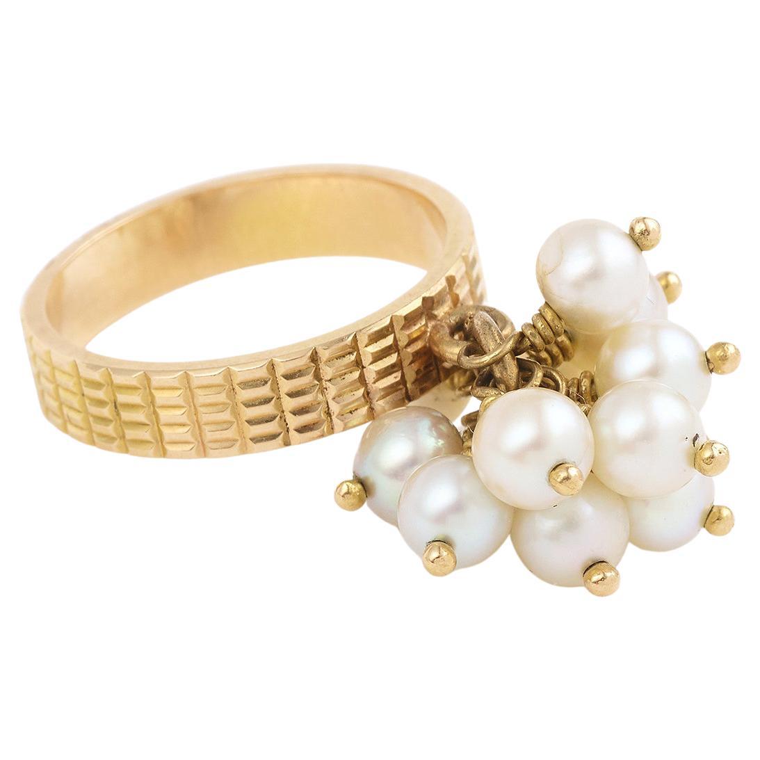 Cultured Pearls Grelot 18 Carats Yellow Gold Ring For Sale